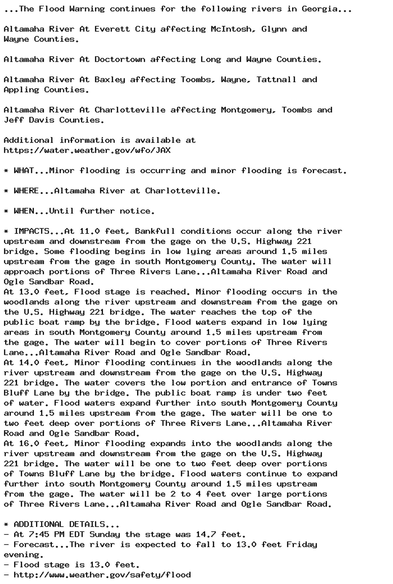 ...The Flood Warning continues for the following rivers in Georgia...

Altamaha River At Everett City affecting McIntosh, Glynn and
Wayne Counties.

Altamaha River At Doctortown affecting Long and Wayne Counties.

Altamaha River At Baxley affecting Toombs, Wayne, Tattnall and
Appling Counties.

Altamaha River At Charlotteville affecting Montgomery, Toombs and
Jeff Davis Counties.

Additional information is available at
https://water.weather.gov/wfo/JAX

* WHAT...Minor flooding is occurring and minor flooding is forecast.

* WHERE...Altamaha River at Charlotteville.

* WHEN...Until further notice.

* IMPACTS...At 11.0 feet, Bankfull conditions occur along the river
upstream and downstream from the gage on the U.S. Highway 221
bridge. Some flooding begins in low lying areas around 1.5 miles
upstream from the gage in south Montgomery County. The water will
approach portions of Three Rivers Lane...Altamaha River Road and
Ogle Sandbar Road.
At 13.0 feet, Flood stage is reached. Minor flooding occurs in the
woodlands along the river upstream and downstream from the gage on
the U.S. Highway 221 bridge. The water reaches the top of the
public boat ramp by the bridge. Flood waters expand in low lying
areas in south Montgomery County around 1.5 miles upstream from
the gage. The water will begin to cover portions of Three Rivers
Lane...Altamaha River Road and Ogle Sandbar Road.
At 14.0 feet, Minor flooding continues in the woodlands along the
river upstream and downstream from the gage on the U.S. Highway
221 bridge. The water covers the low portion and entrance of Towns
Bluff Lane by the bridge. The public boat ramp is under two feet
of water. Flood waters expand further into south Montgomery County
around 1.5 miles upstream from the gage. The water will be one to
two feet deep over portions of Three Rivers Lane...Altamaha River
Road and Ogle Sandbar Road.
At 16.0 feet, Minor flooding expands into the woodlands along the
river upstream and downstream from the gage on the U.S. Highway
221 bridge. The water will be one to two feet deep over portions
of Towns Bluff Lane by the bridge. Flood waters continue to expand
further into south Montgomery County around 1.5 miles upstream
from the gage. The water will be 2 to 4 feet over large portions
of Three Rivers Lane...Altamaha River Road and Ogle Sandbar Road.

* ADDITIONAL DETAILS...
- At 7:45 PM EDT Sunday the stage was 14.7 feet.
- Forecast...The river is expected to fall to 13.0 feet Friday
evening.
- Flood stage is 13.0 feet.
- http://www.weather.gov/safety/flood