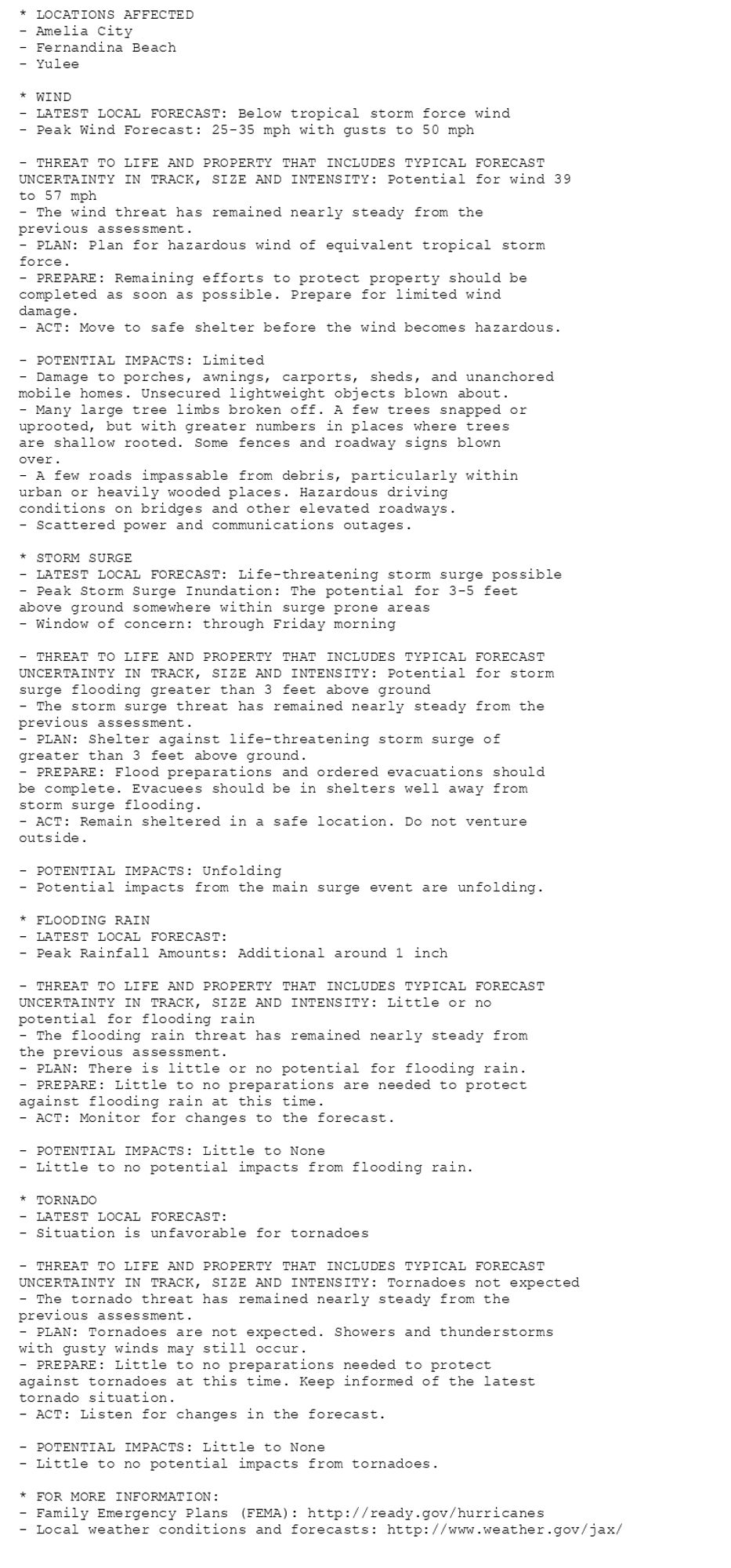 * LOCATIONS AFFECTED
- Amelia City
- Fernandina Beach
- Yulee

* WIND
- LATEST LOCAL FORECAST: Below tropical storm force wind
- Peak Wind Forecast: 25-35 mph with gusts to 50 mph

- THREAT TO LIFE AND PROPERTY THAT INCLUDES TYPICAL FORECAST
UNCERTAINTY IN TRACK, SIZE AND INTENSITY: Potential for wind 39
to 57 mph
- The wind threat has remained nearly steady from the
previous assessment.
- PLAN: Plan for hazardous wind of equivalent tropical storm
force.
- PREPARE: Remaining efforts to protect property should be
completed as soon as possible. Prepare for limited wind
damage.
- ACT: Move to safe shelter before the wind becomes hazardous.

- POTENTIAL IMPACTS: Limited
- Damage to porches, awnings, carports, sheds, and unanchored
mobile homes. Unsecured lightweight objects blown about.
- Many large tree limbs broken off. A few trees snapped or
uprooted, but with greater numbers in places where trees
are shallow rooted. Some fences and roadway signs blown
over.
- A few roads impassable from debris, particularly within
urban or heavily wooded places. Hazardous driving
conditions on bridges and other elevated roadways.
- Scattered power and communications outages.

* STORM SURGE
- LATEST LOCAL FORECAST: Life-threatening storm surge possible
- Peak Storm Surge Inundation: The potential for 3-5 feet
above ground somewhere within surge prone areas
- Window of concern: through Friday morning

- THREAT TO LIFE AND PROPERTY THAT INCLUDES TYPICAL FORECAST
UNCERTAINTY IN TRACK, SIZE AND INTENSITY: Potential for storm
surge flooding greater than 3 feet above ground
- The storm surge threat has remained nearly steady from the
previous assessment.
- PLAN: Shelter against life-threatening storm surge of
greater than 3 feet above ground.
- PREPARE: Flood preparations and ordered evacuations should
be complete. Evacuees should be in shelters well away from
storm surge flooding.
- ACT: Remain sheltered in a safe location. Do not venture
outside.

- POTENTIAL IMPACTS: Unfolding
- Potential impacts from the main surge event are unfolding.

* FLOODING RAIN
- LATEST LOCAL FORECAST:
- Peak Rainfall Amounts: Additional around 1 inch

- THREAT TO LIFE AND PROPERTY THAT INCLUDES TYPICAL FORECAST
UNCERTAINTY IN TRACK, SIZE AND INTENSITY: Little or no
potential for flooding rain
- The flooding rain threat has remained nearly steady from
the previous assessment.
- PLAN: There is little or no potential for flooding rain.
- PREPARE: Little to no preparations are needed to protect
against flooding rain at this time.
- ACT: Monitor for changes to the forecast.

- POTENTIAL IMPACTS: Little to None
- Little to no potential impacts from flooding rain.

* TORNADO
- LATEST LOCAL FORECAST:
- Situation is unfavorable for tornadoes

- THREAT TO LIFE AND PROPERTY THAT INCLUDES TYPICAL FORECAST
UNCERTAINTY IN TRACK, SIZE AND INTENSITY: Tornadoes not expected
- The tornado threat has remained nearly steady from the
previous assessment.
- PLAN: Tornadoes are not expected. Showers and thunderstorms
with gusty winds may still occur.
- PREPARE: Little to no preparations needed to protect
against tornadoes at this time. Keep informed of the latest
tornado situation.
- ACT: Listen for changes in the forecast.

- POTENTIAL IMPACTS: Little to None
- Little to no potential impacts from tornadoes.

* FOR MORE INFORMATION:
- Family Emergency Plans (FEMA): http://ready.gov/hurricanes
- Local weather conditions and forecasts: http://www.weather.gov/jax/