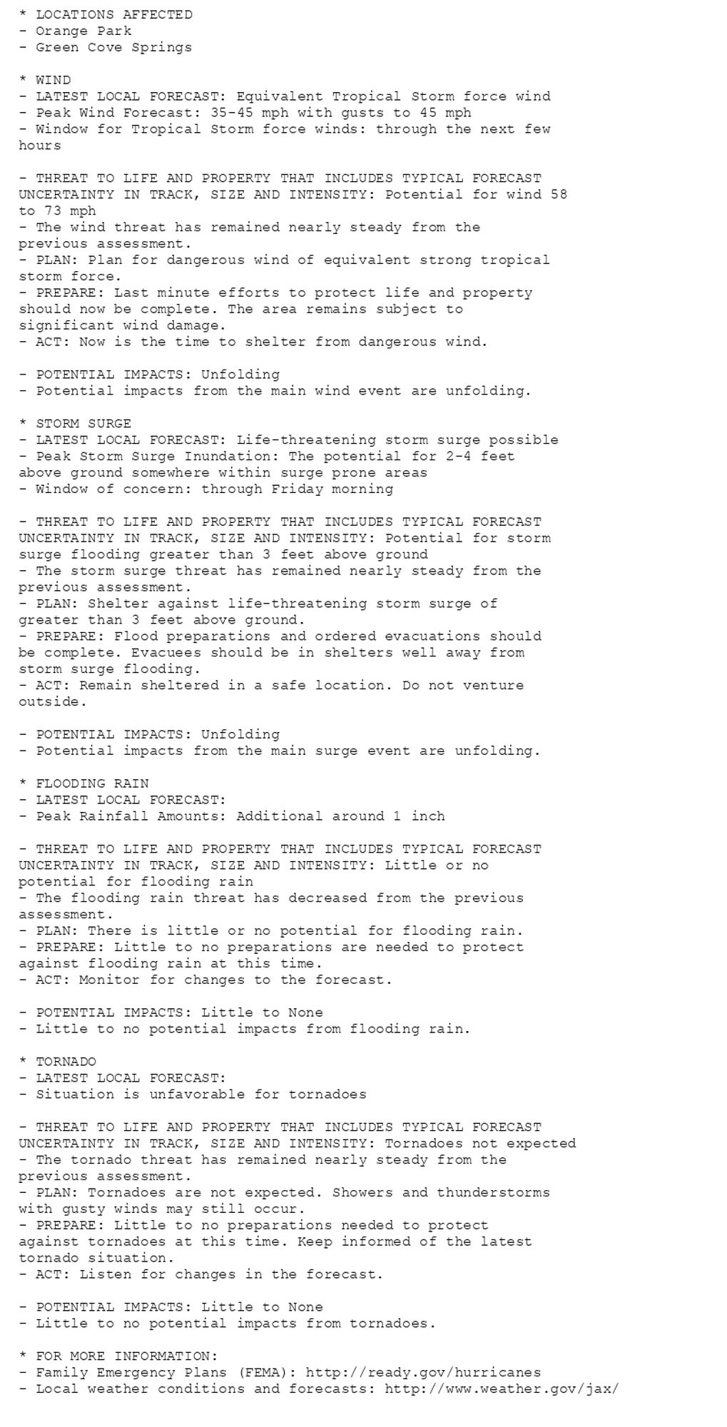 * LOCATIONS AFFECTED
- Orange Park
- Green Cove Springs

* WIND
- LATEST LOCAL FORECAST: Equivalent Tropical Storm force wind
- Peak Wind Forecast: 35-45 mph with gusts to 45 mph
- Window for Tropical Storm force winds: through the next few
hours

- THREAT TO LIFE AND PROPERTY THAT INCLUDES TYPICAL FORECAST
UNCERTAINTY IN TRACK, SIZE AND INTENSITY: Potential for wind 58
to 73 mph
- The wind threat has remained nearly steady from the
previous assessment.
- PLAN: Plan for dangerous wind of equivalent strong tropical
storm force.
- PREPARE: Last minute efforts to protect life and property
should now be complete. The area remains subject to
significant wind damage.
- ACT: Now is the time to shelter from dangerous wind.

- POTENTIAL IMPACTS: Unfolding
- Potential impacts from the main wind event are unfolding.

* STORM SURGE
- LATEST LOCAL FORECAST: Life-threatening storm surge possible
- Peak Storm Surge Inundation: The potential for 2-4 feet
above ground somewhere within surge prone areas
- Window of concern: through Friday morning

- THREAT TO LIFE AND PROPERTY THAT INCLUDES TYPICAL FORECAST
UNCERTAINTY IN TRACK, SIZE AND INTENSITY: Potential for storm
surge flooding greater than 3 feet above ground
- The storm surge threat has remained nearly steady from the
previous assessment.
- PLAN: Shelter against life-threatening storm surge of
greater than 3 feet above ground.
- PREPARE: Flood preparations and ordered evacuations should
be complete. Evacuees should be in shelters well away from
storm surge flooding.
- ACT: Remain sheltered in a safe location. Do not venture
outside.

- POTENTIAL IMPACTS: Unfolding
- Potential impacts from the main surge event are unfolding.

* FLOODING RAIN
- LATEST LOCAL FORECAST:
- Peak Rainfall Amounts: Additional around 1 inch

- THREAT TO LIFE AND PROPERTY THAT INCLUDES TYPICAL FORECAST
UNCERTAINTY IN TRACK, SIZE AND INTENSITY: Little or no
potential for flooding rain
- The flooding rain threat has decreased from the previous
assessment.
- PLAN: There is little or no potential for flooding rain.
- PREPARE: Little to no preparations are needed to protect
against flooding rain at this time.
- ACT: Monitor for changes to the forecast.

- POTENTIAL IMPACTS: Little to None
- Little to no potential impacts from flooding rain.

* TORNADO
- LATEST LOCAL FORECAST:
- Situation is unfavorable for tornadoes

- THREAT TO LIFE AND PROPERTY THAT INCLUDES TYPICAL FORECAST
UNCERTAINTY IN TRACK, SIZE AND INTENSITY: Tornadoes not expected
- The tornado threat has remained nearly steady from the
previous assessment.
- PLAN: Tornadoes are not expected. Showers and thunderstorms
with gusty winds may still occur.
- PREPARE: Little to no preparations needed to protect
against tornadoes at this time. Keep informed of the latest
tornado situation.
- ACT: Listen for changes in the forecast.

- POTENTIAL IMPACTS: Little to None
- Little to no potential impacts from tornadoes.

* FOR MORE INFORMATION:
- Family Emergency Plans (FEMA): http://ready.gov/hurricanes
- Local weather conditions and forecasts: http://www.weather.gov/jax/