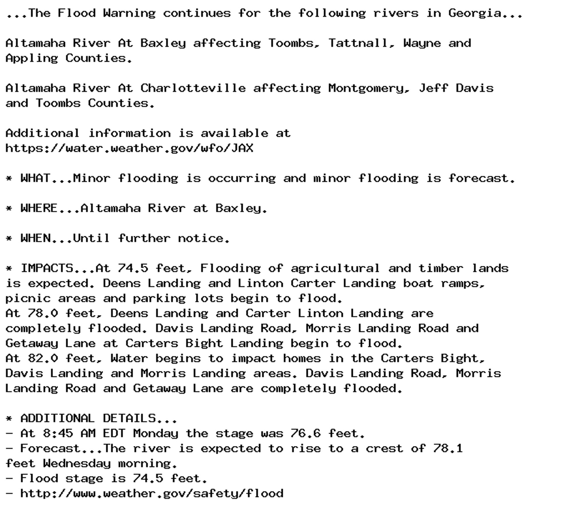 ...The Flood Warning continues for the following rivers in Georgia...

Altamaha River At Baxley affecting Toombs, Tattnall, Wayne and
Appling Counties.

Altamaha River At Charlotteville affecting Montgomery, Jeff Davis
and Toombs Counties.

Additional information is available at
https://water.weather.gov/wfo/JAX

* WHAT...Minor flooding is occurring and minor flooding is forecast.

* WHERE...Altamaha River at Baxley.

* WHEN...Until further notice.

* IMPACTS...At 74.5 feet, Flooding of agricultural and timber lands
is expected. Deens Landing and Linton Carter Landing boat ramps,
picnic areas and parking lots begin to flood.
At 78.0 feet, Deens Landing and Carter Linton Landing are
completely flooded. Davis Landing Road, Morris Landing Road and
Getaway Lane at Carters Bight Landing begin to flood.
At 82.0 feet, Water begins to impact homes in the Carters Bight,
Davis Landing and Morris Landing areas. Davis Landing Road, Morris
Landing Road and Getaway Lane are completely flooded.

* ADDITIONAL DETAILS...
- At 8:45 AM EDT Monday the stage was 76.6 feet.
- Forecast...The river is expected to rise to a crest of 78.1
feet Wednesday morning.
- Flood stage is 74.5 feet.
- http://www.weather.gov/safety/flood