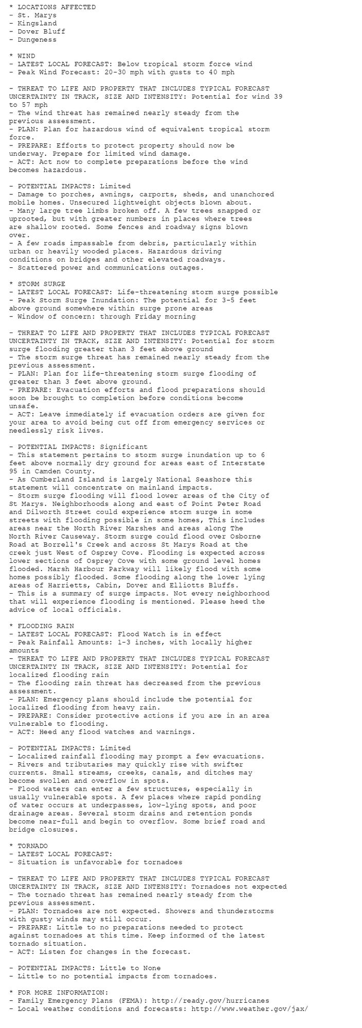 * LOCATIONS AFFECTED
- St. Marys
- Kingsland
- Dover Bluff
- Dungeness

* WIND
- LATEST LOCAL FORECAST: Below tropical storm force wind
- Peak Wind Forecast: 20-30 mph with gusts to 40 mph

- THREAT TO LIFE AND PROPERTY THAT INCLUDES TYPICAL FORECAST
UNCERTAINTY IN TRACK, SIZE AND INTENSITY: Potential for wind 39
to 57 mph
- The wind threat has remained nearly steady from the
previous assessment.
- PLAN: Plan for hazardous wind of equivalent tropical storm
force.
- PREPARE: Efforts to protect property should now be
underway. Prepare for limited wind damage.
- ACT: Act now to complete preparations before the wind
becomes hazardous.

- POTENTIAL IMPACTS: Limited
- Damage to porches, awnings, carports, sheds, and unanchored
mobile homes. Unsecured lightweight objects blown about.
- Many large tree limbs broken off. A few trees snapped or
uprooted, but with greater numbers in places where trees
are shallow rooted. Some fences and roadway signs blown
over.
- A few roads impassable from debris, particularly within
urban or heavily wooded places. Hazardous driving
conditions on bridges and other elevated roadways.
- Scattered power and communications outages.

* STORM SURGE
- LATEST LOCAL FORECAST: Life-threatening storm surge possible
- Peak Storm Surge Inundation: The potential for 3-5 feet
above ground somewhere within surge prone areas
- Window of concern: through Friday morning

- THREAT TO LIFE AND PROPERTY THAT INCLUDES TYPICAL FORECAST
UNCERTAINTY IN TRACK, SIZE AND INTENSITY: Potential for storm
surge flooding greater than 3 feet above ground
- The storm surge threat has remained nearly steady from the
previous assessment.
- PLAN: Plan for life-threatening storm surge flooding of
greater than 3 feet above ground.
- PREPARE: Evacuation efforts and flood preparations should
soon be brought to completion before conditions become
unsafe.
- ACT: Leave immediately if evacuation orders are given for
your area to avoid being cut off from emergency services or
needlessly risk lives.

- POTENTIAL IMPACTS: Significant
- This statement pertains to storm surge inundation up to 6
feet above normally dry ground for areas east of Interstate
95 in Camden County.
- As Cumberland Island is largely National Seashore this
statement will concentrate on mainland impacts.
- Storm surge flooding will flood lower areas of the City of
St Marys. Neighborhoods along and east of Point Peter Road
and Dilworth Street could experience storm surge in some
streets with flooding possible in some homes, This includes
areas near the North River Marshes and areas along The
North River Causeway. Storm surge could flood over Osborne
Road at Borrell's Creek and across St Marys Road at the
creek just West of Osprey Cove. Flooding is expected across
lower sections of Osprey Cove with some ground level homes
flooded. Marsh Harbour Parkway will likely flood with some
homes possibly flooded. Some flooding along the lower lying
areas of Harrietts, Cabin, Dover and Elliotts Bluffs.
- This is a summary of surge impacts. Not every neighborhood
that will experience flooding is mentioned. Please heed the
advice of local officials.

* FLOODING RAIN
- LATEST LOCAL FORECAST: Flood Watch is in effect
- Peak Rainfall Amounts: 1-3 inches, with locally higher
amounts
- THREAT TO LIFE AND PROPERTY THAT INCLUDES TYPICAL FORECAST
UNCERTAINTY IN TRACK, SIZE AND INTENSITY: Potential for
localized flooding rain
- The flooding rain threat has decreased from the previous
assessment.
- PLAN: Emergency plans should include the potential for
localized flooding from heavy rain.
- PREPARE: Consider protective actions if you are in an area
vulnerable to flooding.
- ACT: Heed any flood watches and warnings.

- POTENTIAL IMPACTS: Limited
- Localized rainfall flooding may prompt a few evacuations.
- Rivers and tributaries may quickly rise with swifter
currents. Small streams, creeks, canals, and ditches may
become swollen and overflow in spots.
- Flood waters can enter a few structures, especially in
usually vulnerable spots. A few places where rapid ponding
of water occurs at underpasses, low-lying spots, and poor
drainage areas. Several storm drains and retention ponds
become near-full and begin to overflow. Some brief road and
bridge closures.

* TORNADO
- LATEST LOCAL FORECAST:
- Situation is unfavorable for tornadoes

- THREAT TO LIFE AND PROPERTY THAT INCLUDES TYPICAL FORECAST
UNCERTAINTY IN TRACK, SIZE AND INTENSITY: Tornadoes not expected
- The tornado threat has remained nearly steady from the
previous assessment.
- PLAN: Tornadoes are not expected. Showers and thunderstorms
with gusty winds may still occur.
- PREPARE: Little to no preparations needed to protect
against tornadoes at this time. Keep informed of the latest
tornado situation.
- ACT: Listen for changes in the forecast.

- POTENTIAL IMPACTS: Little to None
- Little to no potential impacts from tornadoes.

* FOR MORE INFORMATION:
- Family Emergency Plans (FEMA): http://ready.gov/hurricanes
- Local weather conditions and forecasts: http://www.weather.gov/jax/