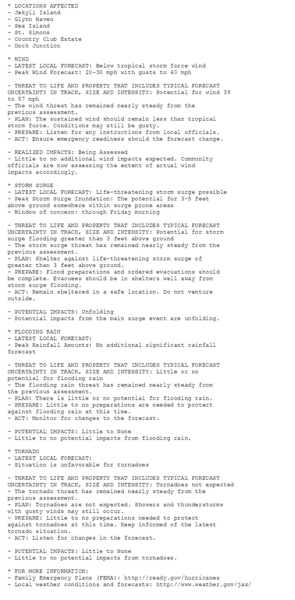 * LOCATIONS AFFECTED
- Jekyll Island
- Glynn Haven
- Sea Island
- St. Simons
- Country Club Estate
- Dock Junction

* WIND
- LATEST LOCAL FORECAST: Below tropical storm force wind
- Peak Wind Forecast: 20-30 mph with gusts to 40 mph

- THREAT TO LIFE AND PROPERTY THAT INCLUDES TYPICAL FORECAST
UNCERTAINTY IN TRACK, SIZE AND INTENSITY: Potential for wind 39
to 57 mph
- The wind threat has remained nearly steady from the
previous assessment.
- PLAN: The sustained wind should remain less than tropical
storm force. Conditions may still be gusty.
- PREPARE: Listen for any instructions from local officials.
- ACT: Ensure emergency readiness should the forecast change.

- REALIZED IMPACTS: Being Assessed
- Little to no additional wind impacts expected. Community
officials are now assessing the extent of actual wind
impacts accordingly.

* STORM SURGE
- LATEST LOCAL FORECAST: Life-threatening storm surge possible
- Peak Storm Surge Inundation: The potential for 3-5 feet
above ground somewhere within surge prone areas
- Window of concern: through Friday morning

- THREAT TO LIFE AND PROPERTY THAT INCLUDES TYPICAL FORECAST
UNCERTAINTY IN TRACK, SIZE AND INTENSITY: Potential for storm
surge flooding greater than 3 feet above ground
- The storm surge threat has remained nearly steady from the
previous assessment.
- PLAN: Shelter against life-threatening storm surge of
greater than 3 feet above ground.
- PREPARE: Flood preparations and ordered evacuations should
be complete. Evacuees should be in shelters well away from
storm surge flooding.
- ACT: Remain sheltered in a safe location. Do not venture
outside.

- POTENTIAL IMPACTS: Unfolding
- Potential impacts from the main surge event are unfolding.

* FLOODING RAIN
- LATEST LOCAL FORECAST:
- Peak Rainfall Amounts: No additional significant rainfall
forecast

- THREAT TO LIFE AND PROPERTY THAT INCLUDES TYPICAL FORECAST
UNCERTAINTY IN TRACK, SIZE AND INTENSITY: Little or no
potential for flooding rain
- The flooding rain threat has remained nearly steady from
the previous assessment.
- PLAN: There is little or no potential for flooding rain.
- PREPARE: Little to no preparations are needed to protect
against flooding rain at this time.
- ACT: Monitor for changes to the forecast.

- POTENTIAL IMPACTS: Little to None
- Little to no potential impacts from flooding rain.

* TORNADO
- LATEST LOCAL FORECAST:
- Situation is unfavorable for tornadoes

- THREAT TO LIFE AND PROPERTY THAT INCLUDES TYPICAL FORECAST
UNCERTAINTY IN TRACK, SIZE AND INTENSITY: Tornadoes not expected
- The tornado threat has remained nearly steady from the
previous assessment.
- PLAN: Tornadoes are not expected. Showers and thunderstorms
with gusty winds may still occur.
- PREPARE: Little to no preparations needed to protect
against tornadoes at this time. Keep informed of the latest
tornado situation.
- ACT: Listen for changes in the forecast.

- POTENTIAL IMPACTS: Little to None
- Little to no potential impacts from tornadoes.

* FOR MORE INFORMATION:
- Family Emergency Plans (FEMA): http://ready.gov/hurricanes
- Local weather conditions and forecasts: http://www.weather.gov/jax/