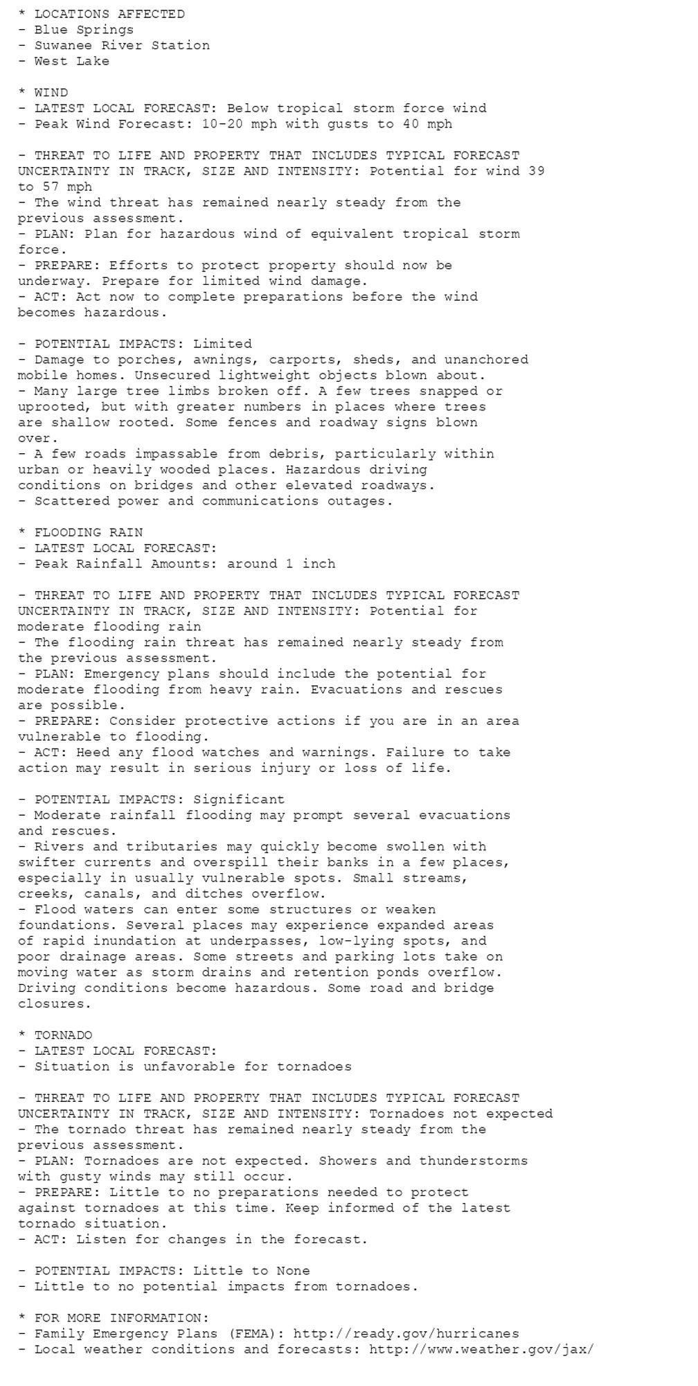 * LOCATIONS AFFECTED
- Blue Springs
- Suwanee River Station
- West Lake

* WIND
- LATEST LOCAL FORECAST: Below tropical storm force wind
- Peak Wind Forecast: 10-20 mph with gusts to 40 mph

- THREAT TO LIFE AND PROPERTY THAT INCLUDES TYPICAL FORECAST
UNCERTAINTY IN TRACK, SIZE AND INTENSITY: Potential for wind 39
to 57 mph
- The wind threat has remained nearly steady from the
previous assessment.
- PLAN: Plan for hazardous wind of equivalent tropical storm
force.
- PREPARE: Efforts to protect property should now be
underway. Prepare for limited wind damage.
- ACT: Act now to complete preparations before the wind
becomes hazardous.

- POTENTIAL IMPACTS: Limited
- Damage to porches, awnings, carports, sheds, and unanchored
mobile homes. Unsecured lightweight objects blown about.
- Many large tree limbs broken off. A few trees snapped or
uprooted, but with greater numbers in places where trees
are shallow rooted. Some fences and roadway signs blown
over.
- A few roads impassable from debris, particularly within
urban or heavily wooded places. Hazardous driving
conditions on bridges and other elevated roadways.
- Scattered power and communications outages.

* FLOODING RAIN
- LATEST LOCAL FORECAST:
- Peak Rainfall Amounts: around 1 inch

- THREAT TO LIFE AND PROPERTY THAT INCLUDES TYPICAL FORECAST
UNCERTAINTY IN TRACK, SIZE AND INTENSITY: Potential for
moderate flooding rain
- The flooding rain threat has remained nearly steady from
the previous assessment.
- PLAN: Emergency plans should include the potential for
moderate flooding from heavy rain. Evacuations and rescues
are possible.
- PREPARE: Consider protective actions if you are in an area
vulnerable to flooding.
- ACT: Heed any flood watches and warnings. Failure to take
action may result in serious injury or loss of life.

- POTENTIAL IMPACTS: Significant
- Moderate rainfall flooding may prompt several evacuations
and rescues.
- Rivers and tributaries may quickly become swollen with
swifter currents and overspill their banks in a few places,
especially in usually vulnerable spots. Small streams,
creeks, canals, and ditches overflow.
- Flood waters can enter some structures or weaken
foundations. Several places may experience expanded areas
of rapid inundation at underpasses, low-lying spots, and
poor drainage areas. Some streets and parking lots take on
moving water as storm drains and retention ponds overflow.
Driving conditions become hazardous. Some road and bridge
closures.

* TORNADO
- LATEST LOCAL FORECAST:
- Situation is unfavorable for tornadoes

- THREAT TO LIFE AND PROPERTY THAT INCLUDES TYPICAL FORECAST
UNCERTAINTY IN TRACK, SIZE AND INTENSITY: Tornadoes not expected
- The tornado threat has remained nearly steady from the
previous assessment.
- PLAN: Tornadoes are not expected. Showers and thunderstorms
with gusty winds may still occur.
- PREPARE: Little to no preparations needed to protect
against tornadoes at this time. Keep informed of the latest
tornado situation.
- ACT: Listen for changes in the forecast.

- POTENTIAL IMPACTS: Little to None
- Little to no potential impacts from tornadoes.

* FOR MORE INFORMATION:
- Family Emergency Plans (FEMA): http://ready.gov/hurricanes
- Local weather conditions and forecasts: http://www.weather.gov/jax/