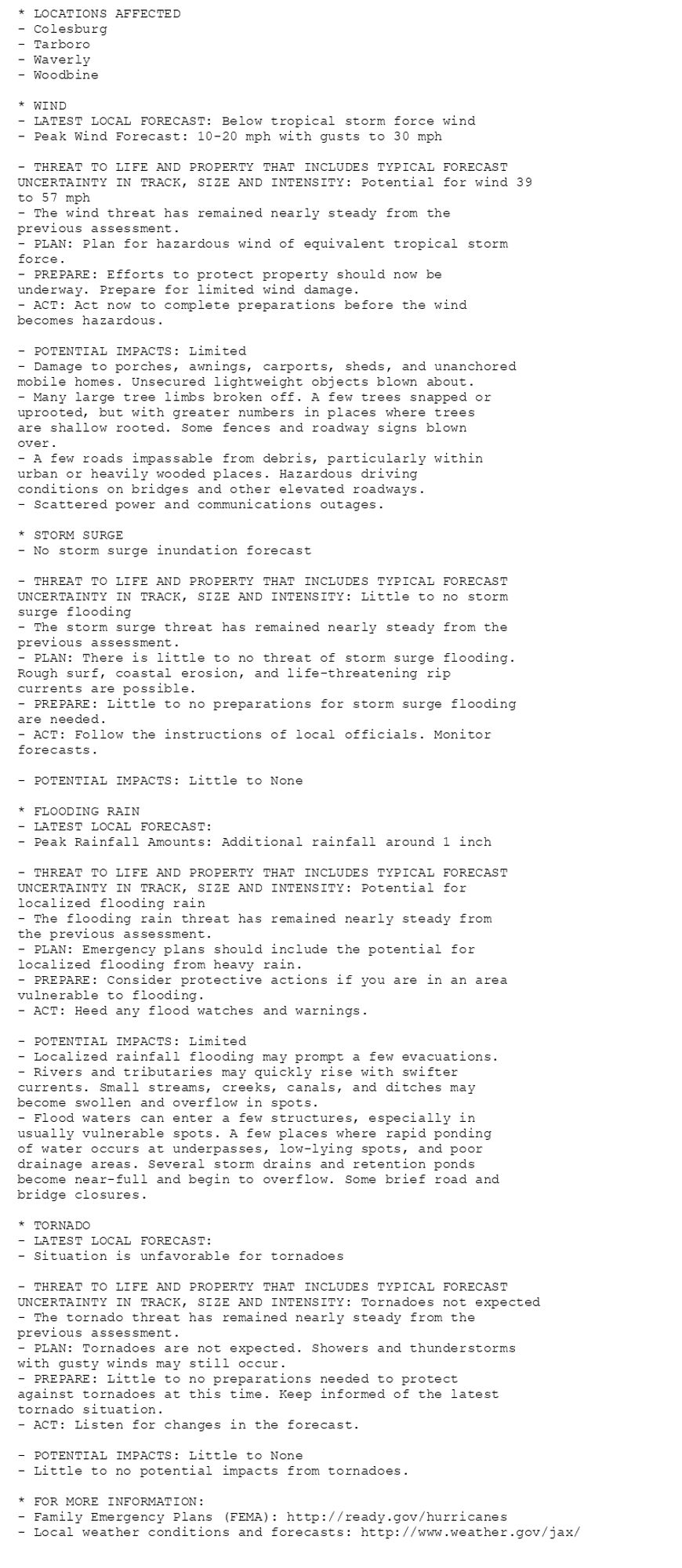 * LOCATIONS AFFECTED
- Colesburg
- Tarboro
- Waverly
- Woodbine

* WIND
- LATEST LOCAL FORECAST: Below tropical storm force wind
- Peak Wind Forecast: 10-20 mph with gusts to 30 mph

- THREAT TO LIFE AND PROPERTY THAT INCLUDES TYPICAL FORECAST
UNCERTAINTY IN TRACK, SIZE AND INTENSITY: Potential for wind 39
to 57 mph
- The wind threat has remained nearly steady from the
previous assessment.
- PLAN: Plan for hazardous wind of equivalent tropical storm
force.
- PREPARE: Efforts to protect property should now be
underway. Prepare for limited wind damage.
- ACT: Act now to complete preparations before the wind
becomes hazardous.

- POTENTIAL IMPACTS: Limited
- Damage to porches, awnings, carports, sheds, and unanchored
mobile homes. Unsecured lightweight objects blown about.
- Many large tree limbs broken off. A few trees snapped or
uprooted, but with greater numbers in places where trees
are shallow rooted. Some fences and roadway signs blown
over.
- A few roads impassable from debris, particularly within
urban or heavily wooded places. Hazardous driving
conditions on bridges and other elevated roadways.
- Scattered power and communications outages.

* STORM SURGE
- No storm surge inundation forecast

- THREAT TO LIFE AND PROPERTY THAT INCLUDES TYPICAL FORECAST
UNCERTAINTY IN TRACK, SIZE AND INTENSITY: Little to no storm
surge flooding
- The storm surge threat has remained nearly steady from the
previous assessment.
- PLAN: There is little to no threat of storm surge flooding.
Rough surf, coastal erosion, and life-threatening rip
currents are possible.
- PREPARE: Little to no preparations for storm surge flooding
are needed.
- ACT: Follow the instructions of local officials. Monitor
forecasts.

- POTENTIAL IMPACTS: Little to None

* FLOODING RAIN
- LATEST LOCAL FORECAST:
- Peak Rainfall Amounts: Additional rainfall around 1 inch

- THREAT TO LIFE AND PROPERTY THAT INCLUDES TYPICAL FORECAST
UNCERTAINTY IN TRACK, SIZE AND INTENSITY: Potential for
localized flooding rain
- The flooding rain threat has remained nearly steady from
the previous assessment.
- PLAN: Emergency plans should include the potential for
localized flooding from heavy rain.
- PREPARE: Consider protective actions if you are in an area
vulnerable to flooding.
- ACT: Heed any flood watches and warnings.

- POTENTIAL IMPACTS: Limited
- Localized rainfall flooding may prompt a few evacuations.
- Rivers and tributaries may quickly rise with swifter
currents. Small streams, creeks, canals, and ditches may
become swollen and overflow in spots.
- Flood waters can enter a few structures, especially in
usually vulnerable spots. A few places where rapid ponding
of water occurs at underpasses, low-lying spots, and poor
drainage areas. Several storm drains and retention ponds
become near-full and begin to overflow. Some brief road and
bridge closures.

* TORNADO
- LATEST LOCAL FORECAST:
- Situation is unfavorable for tornadoes

- THREAT TO LIFE AND PROPERTY THAT INCLUDES TYPICAL FORECAST
UNCERTAINTY IN TRACK, SIZE AND INTENSITY: Tornadoes not expected
- The tornado threat has remained nearly steady from the
previous assessment.
- PLAN: Tornadoes are not expected. Showers and thunderstorms
with gusty winds may still occur.
- PREPARE: Little to no preparations needed to protect
against tornadoes at this time. Keep informed of the latest
tornado situation.
- ACT: Listen for changes in the forecast.

- POTENTIAL IMPACTS: Little to None
- Little to no potential impacts from tornadoes.

* FOR MORE INFORMATION:
- Family Emergency Plans (FEMA): http://ready.gov/hurricanes
- Local weather conditions and forecasts: http://www.weather.gov/jax/