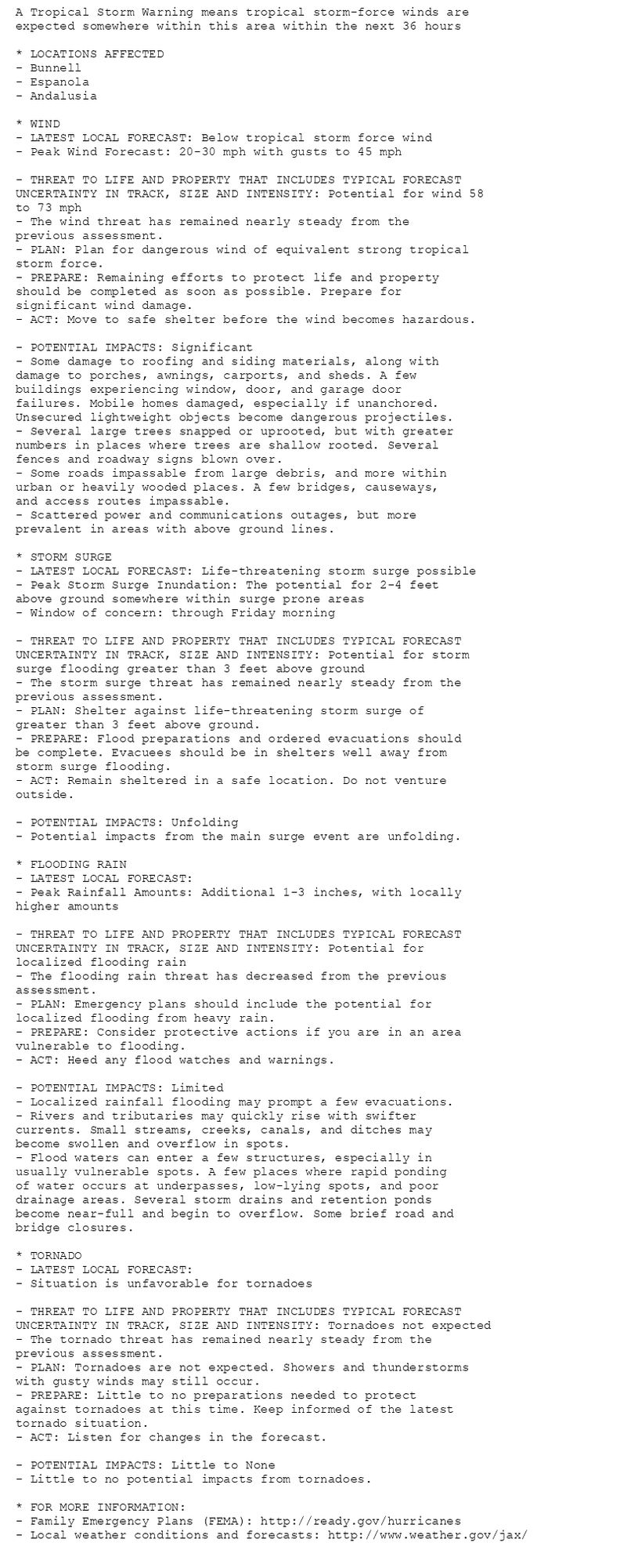 A Tropical Storm Warning means tropical storm-force winds are
expected somewhere within this area within the next 36 hours

* LOCATIONS AFFECTED
- Bunnell
- Espanola
- Andalusia

* WIND
- LATEST LOCAL FORECAST: Below tropical storm force wind
- Peak Wind Forecast: 20-30 mph with gusts to 45 mph

- THREAT TO LIFE AND PROPERTY THAT INCLUDES TYPICAL FORECAST
UNCERTAINTY IN TRACK, SIZE AND INTENSITY: Potential for wind 58
to 73 mph
- The wind threat has remained nearly steady from the
previous assessment.
- PLAN: Plan for dangerous wind of equivalent strong tropical
storm force.
- PREPARE: Remaining efforts to protect life and property
should be completed as soon as possible. Prepare for
significant wind damage.
- ACT: Move to safe shelter before the wind becomes hazardous.

- POTENTIAL IMPACTS: Significant
- Some damage to roofing and siding materials, along with
damage to porches, awnings, carports, and sheds. A few
buildings experiencing window, door, and garage door
failures. Mobile homes damaged, especially if unanchored.
Unsecured lightweight objects become dangerous projectiles.
- Several large trees snapped or uprooted, but with greater
numbers in places where trees are shallow rooted. Several
fences and roadway signs blown over.
- Some roads impassable from large debris, and more within
urban or heavily wooded places. A few bridges, causeways,
and access routes impassable.
- Scattered power and communications outages, but more
prevalent in areas with above ground lines.

* STORM SURGE
- LATEST LOCAL FORECAST: Life-threatening storm surge possible
- Peak Storm Surge Inundation: The potential for 2-4 feet
above ground somewhere within surge prone areas
- Window of concern: through Friday morning

- THREAT TO LIFE AND PROPERTY THAT INCLUDES TYPICAL FORECAST
UNCERTAINTY IN TRACK, SIZE AND INTENSITY: Potential for storm
surge flooding greater than 3 feet above ground
- The storm surge threat has remained nearly steady from the
previous assessment.
- PLAN: Shelter against life-threatening storm surge of
greater than 3 feet above ground.
- PREPARE: Flood preparations and ordered evacuations should
be complete. Evacuees should be in shelters well away from
storm surge flooding.
- ACT: Remain sheltered in a safe location. Do not venture
outside.

- POTENTIAL IMPACTS: Unfolding
- Potential impacts from the main surge event are unfolding.

* FLOODING RAIN
- LATEST LOCAL FORECAST:
- Peak Rainfall Amounts: Additional 1-3 inches, with locally
higher amounts

- THREAT TO LIFE AND PROPERTY THAT INCLUDES TYPICAL FORECAST
UNCERTAINTY IN TRACK, SIZE AND INTENSITY: Potential for
localized flooding rain
- The flooding rain threat has decreased from the previous
assessment.
- PLAN: Emergency plans should include the potential for
localized flooding from heavy rain.
- PREPARE: Consider protective actions if you are in an area
vulnerable to flooding.
- ACT: Heed any flood watches and warnings.

- POTENTIAL IMPACTS: Limited
- Localized rainfall flooding may prompt a few evacuations.
- Rivers and tributaries may quickly rise with swifter
currents. Small streams, creeks, canals, and ditches may
become swollen and overflow in spots.
- Flood waters can enter a few structures, especially in
usually vulnerable spots. A few places where rapid ponding
of water occurs at underpasses, low-lying spots, and poor
drainage areas. Several storm drains and retention ponds
become near-full and begin to overflow. Some brief road and
bridge closures.

* TORNADO
- LATEST LOCAL FORECAST:
- Situation is unfavorable for tornadoes

- THREAT TO LIFE AND PROPERTY THAT INCLUDES TYPICAL FORECAST
UNCERTAINTY IN TRACK, SIZE AND INTENSITY: Tornadoes not expected
- The tornado threat has remained nearly steady from the
previous assessment.
- PLAN: Tornadoes are not expected. Showers and thunderstorms
with gusty winds may still occur.
- PREPARE: Little to no preparations needed to protect
against tornadoes at this time. Keep informed of the latest
tornado situation.
- ACT: Listen for changes in the forecast.

- POTENTIAL IMPACTS: Little to None
- Little to no potential impacts from tornadoes.

* FOR MORE INFORMATION:
- Family Emergency Plans (FEMA): http://ready.gov/hurricanes
- Local weather conditions and forecasts: http://www.weather.gov/jax/