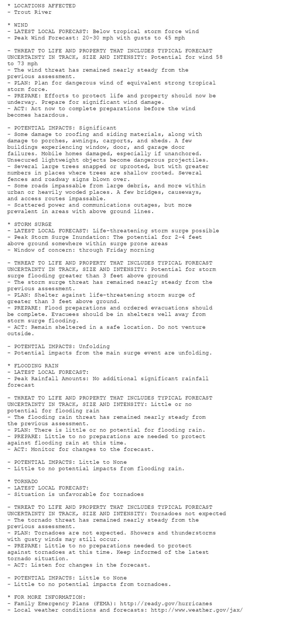 * LOCATIONS AFFECTED
- Trout River

* WIND
- LATEST LOCAL FORECAST: Below tropical storm force wind
- Peak Wind Forecast: 20-30 mph with gusts to 45 mph

- THREAT TO LIFE AND PROPERTY THAT INCLUDES TYPICAL FORECAST
UNCERTAINTY IN TRACK, SIZE AND INTENSITY: Potential for wind 58
to 73 mph
- The wind threat has remained nearly steady from the
previous assessment.
- PLAN: Plan for dangerous wind of equivalent strong tropical
storm force.
- PREPARE: Efforts to protect life and property should now be
underway. Prepare for significant wind damage.
- ACT: Act now to complete preparations before the wind
becomes hazardous.

- POTENTIAL IMPACTS: Significant
- Some damage to roofing and siding materials, along with
damage to porches, awnings, carports, and sheds. A few
buildings experiencing window, door, and garage door
failures. Mobile homes damaged, especially if unanchored.
Unsecured lightweight objects become dangerous projectiles.
- Several large trees snapped or uprooted, but with greater
numbers in places where trees are shallow rooted. Several
fences and roadway signs blown over.
- Some roads impassable from large debris, and more within
urban or heavily wooded places. A few bridges, causeways,
and access routes impassable.
- Scattered power and communications outages, but more
prevalent in areas with above ground lines.

* STORM SURGE
- LATEST LOCAL FORECAST: Life-threatening storm surge possible
- Peak Storm Surge Inundation: The potential for 2-4 feet
above ground somewhere within surge prone areas
- Window of concern: through Friday morning

- THREAT TO LIFE AND PROPERTY THAT INCLUDES TYPICAL FORECAST
UNCERTAINTY IN TRACK, SIZE AND INTENSITY: Potential for storm
surge flooding greater than 3 feet above ground
- The storm surge threat has remained nearly steady from the
previous assessment.
- PLAN: Shelter against life-threatening storm surge of
greater than 3 feet above ground.
- PREPARE: Flood preparations and ordered evacuations should
be complete. Evacuees should be in shelters well away from
storm surge flooding.
- ACT: Remain sheltered in a safe location. Do not venture
outside.

- POTENTIAL IMPACTS: Unfolding
- Potential impacts from the main surge event are unfolding.

* FLOODING RAIN
- LATEST LOCAL FORECAST:
- Peak Rainfall Amounts: No additional significant rainfall
forecast

- THREAT TO LIFE AND PROPERTY THAT INCLUDES TYPICAL FORECAST
UNCERTAINTY IN TRACK, SIZE AND INTENSITY: Little or no
potential for flooding rain
- The flooding rain threat has remained nearly steady from
the previous assessment.
- PLAN: There is little or no potential for flooding rain.
- PREPARE: Little to no preparations are needed to protect
against flooding rain at this time.
- ACT: Monitor for changes to the forecast.

- POTENTIAL IMPACTS: Little to None
- Little to no potential impacts from flooding rain.

* TORNADO
- LATEST LOCAL FORECAST:
- Situation is unfavorable for tornadoes

- THREAT TO LIFE AND PROPERTY THAT INCLUDES TYPICAL FORECAST
UNCERTAINTY IN TRACK, SIZE AND INTENSITY: Tornadoes not expected
- The tornado threat has remained nearly steady from the
previous assessment.
- PLAN: Tornadoes are not expected. Showers and thunderstorms
with gusty winds may still occur.
- PREPARE: Little to no preparations needed to protect
against tornadoes at this time. Keep informed of the latest
tornado situation.
- ACT: Listen for changes in the forecast.

- POTENTIAL IMPACTS: Little to None
- Little to no potential impacts from tornadoes.

* FOR MORE INFORMATION:
- Family Emergency Plans (FEMA): http://ready.gov/hurricanes
- Local weather conditions and forecasts: http://www.weather.gov/jax/