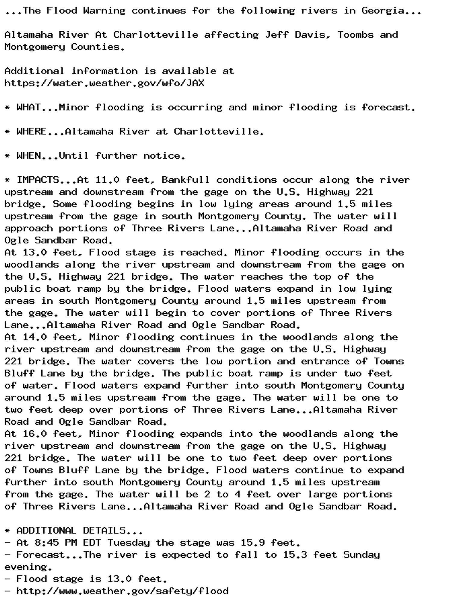 ...The Flood Warning continues for the following rivers in Georgia...

Altamaha River At Charlotteville affecting Jeff Davis, Toombs and
Montgomery Counties.

Additional information is available at
https://water.weather.gov/wfo/JAX

* WHAT...Minor flooding is occurring and minor flooding is forecast.

* WHERE...Altamaha River at Charlotteville.

* WHEN...Until further notice.

* IMPACTS...At 11.0 feet, Bankfull conditions occur along the river
upstream and downstream from the gage on the U.S. Highway 221
bridge. Some flooding begins in low lying areas around 1.5 miles
upstream from the gage in south Montgomery County. The water will
approach portions of Three Rivers Lane...Altamaha River Road and
Ogle Sandbar Road.
At 13.0 feet, Flood stage is reached. Minor flooding occurs in the
woodlands along the river upstream and downstream from the gage on
the U.S. Highway 221 bridge. The water reaches the top of the
public boat ramp by the bridge. Flood waters expand in low lying
areas in south Montgomery County around 1.5 miles upstream from
the gage. The water will begin to cover portions of Three Rivers
Lane...Altamaha River Road and Ogle Sandbar Road.
At 14.0 feet, Minor flooding continues in the woodlands along the
river upstream and downstream from the gage on the U.S. Highway
221 bridge. The water covers the low portion and entrance of Towns
Bluff Lane by the bridge. The public boat ramp is under two feet
of water. Flood waters expand further into south Montgomery County
around 1.5 miles upstream from the gage. The water will be one to
two feet deep over portions of Three Rivers Lane...Altamaha River
Road and Ogle Sandbar Road.
At 16.0 feet, Minor flooding expands into the woodlands along the
river upstream and downstream from the gage on the U.S. Highway
221 bridge. The water will be one to two feet deep over portions
of Towns Bluff Lane by the bridge. Flood waters continue to expand
further into south Montgomery County around 1.5 miles upstream
from the gage. The water will be 2 to 4 feet over large portions
of Three Rivers Lane...Altamaha River Road and Ogle Sandbar Road.

* ADDITIONAL DETAILS...
- At 8:45 PM EDT Tuesday the stage was 15.9 feet.
- Forecast...The river is expected to fall to 15.3 feet Sunday
evening.
- Flood stage is 13.0 feet.
- http://www.weather.gov/safety/flood