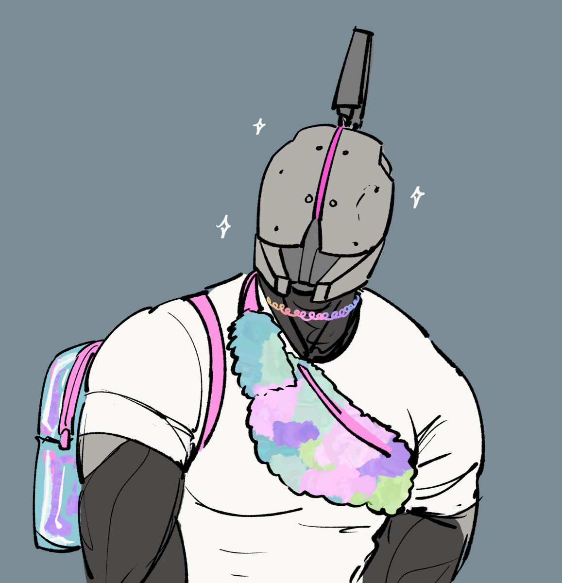 saint-14 in a tight shirt wearing a rainbow choker, a fuzzy pastel pack across his chest, and a small backpack hanging off one shoulder.