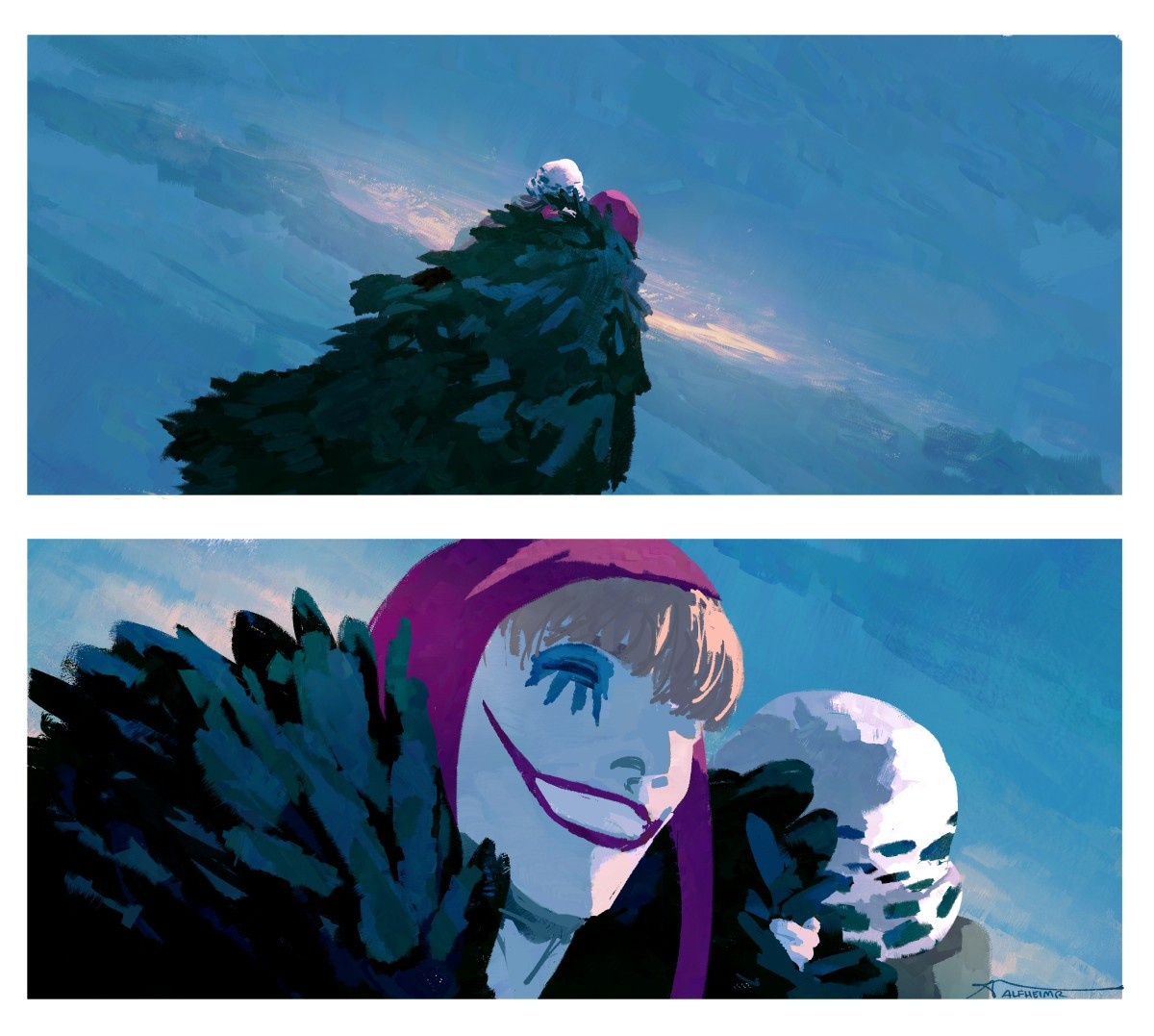 two digital paintings of corazon and tiny law from one piece. the first depicts them against an empty expanse of blue with the hint of a sunrise. the second focuses on corazon smiling while law buries his face in corazon's coat.