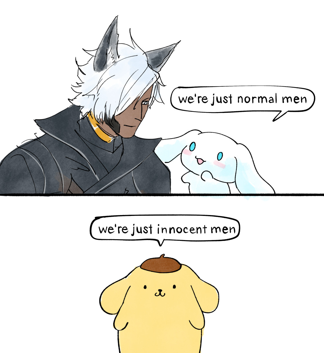 P1: eustace (gbf) sits with cinnamoroll (sanrio), who says "we're just normal men"
P2: pompompurin (sanrio) stares at the camera and says "we're just innocent men"