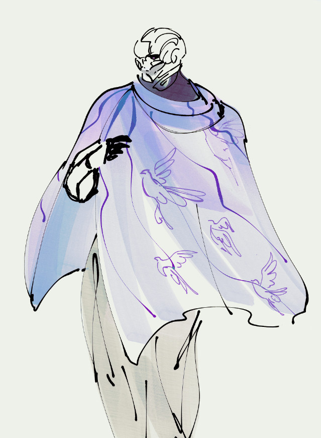 loose sketch of saint-14 in airy clothes, embroidered with birds.