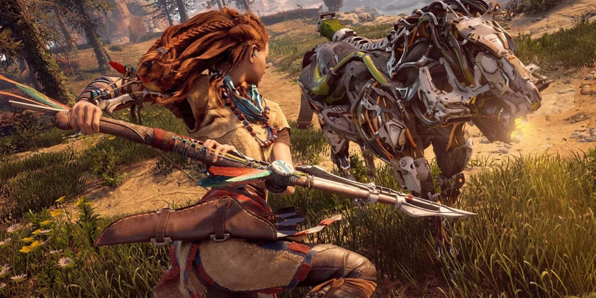 Aloy from HZD stabbing a robotic animal with her spear