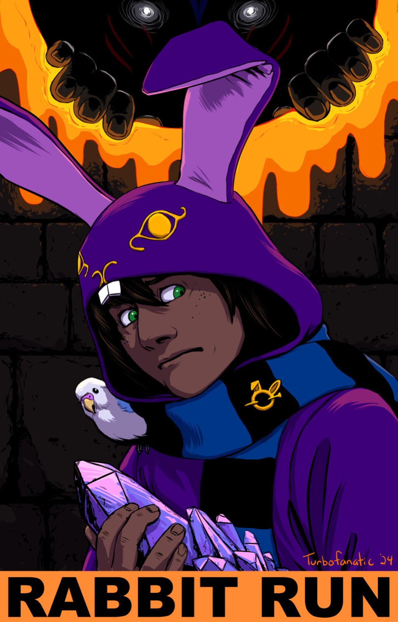 Ravio holds onto a sealed crystal while something melts through the wall behind him.