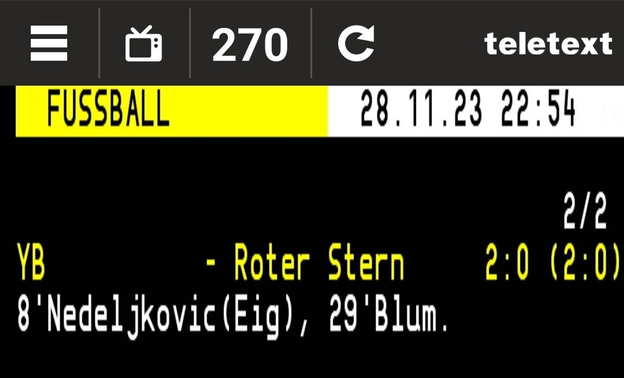 Selber Teletext-Screenshot wie im Post davor, nur dass es jetzt hinter «Roter Stern» keinen roten Stern mehr hat.