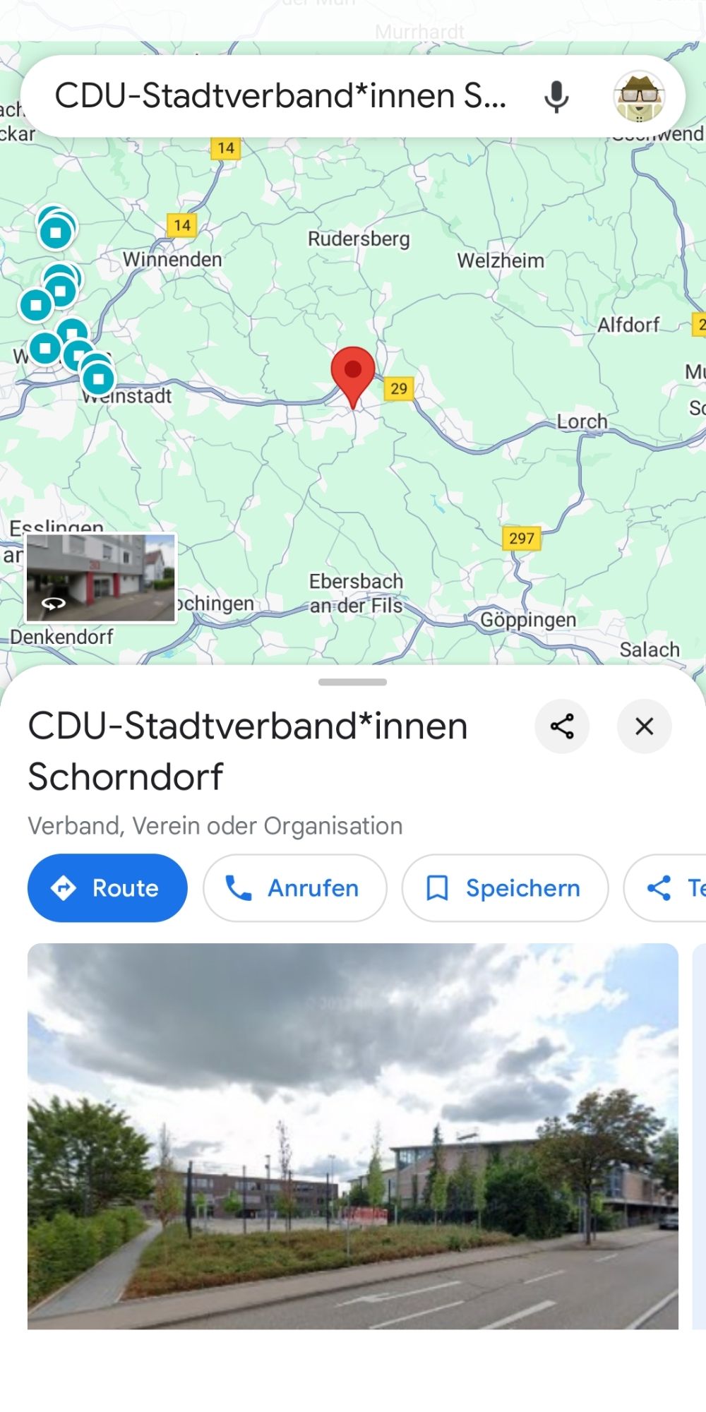 Screenshot von Google Maps. Aufgerufen den Google Eintrag der CDU Schorndorf. Die heißt jetzt CDU Stadtverband*innen