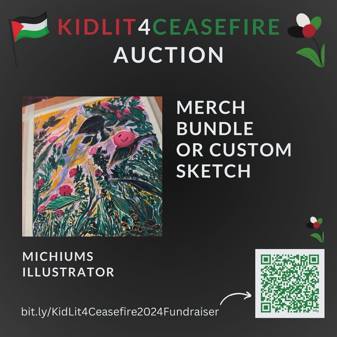 A example of an illustration being offered from MICHIUMS, along with a merch bundle option for the fundraiser. There is a QR code linking to the fundraiser page.