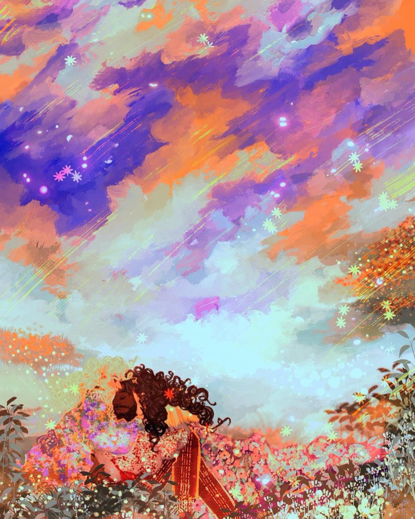 a vividly colored illustration of Achilles and Patroclus from Hades, they’re dressed in floral outfits and are in a field of flowers 