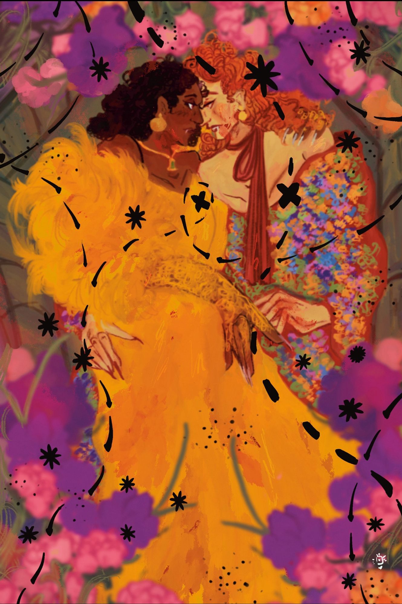 an illustration of claudia and Madeline in a coffin, surrounded by peonies, lavender and purple flowers. Claudia is dressed in a feathered yellow lace dress and Madeline is dressed in a red-orange floral dress. They are staring into each other’s eyes while covered in blood. Stars and dashed lines circle all around them with two X marks being placed where their hearts are, these elements will be gold foil once printed.