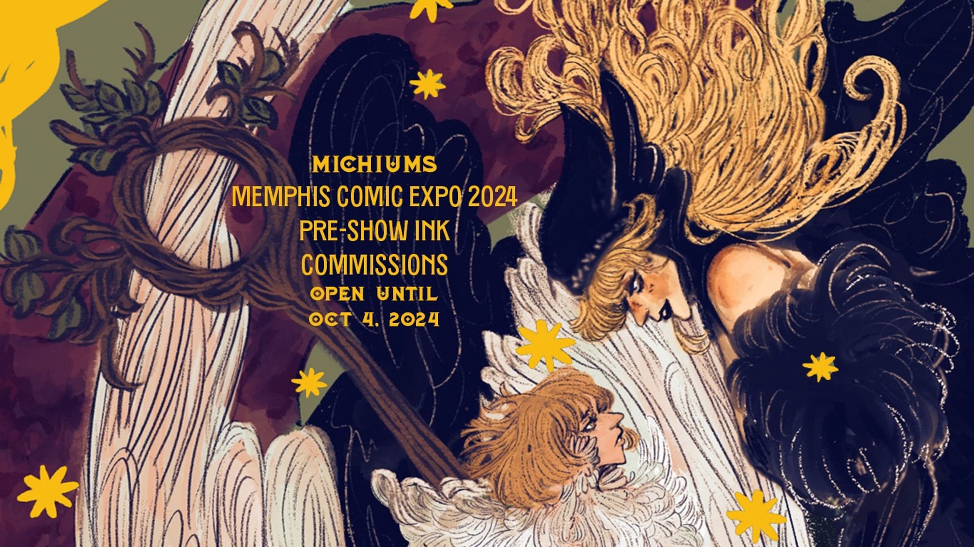 A crop of a falin and marcille print from dungeon meshi with yellow stars and text that reads “MICHIUMS Memphis Comic Expo 2024 pre-show ink commissions open until Oct 4, 2024”