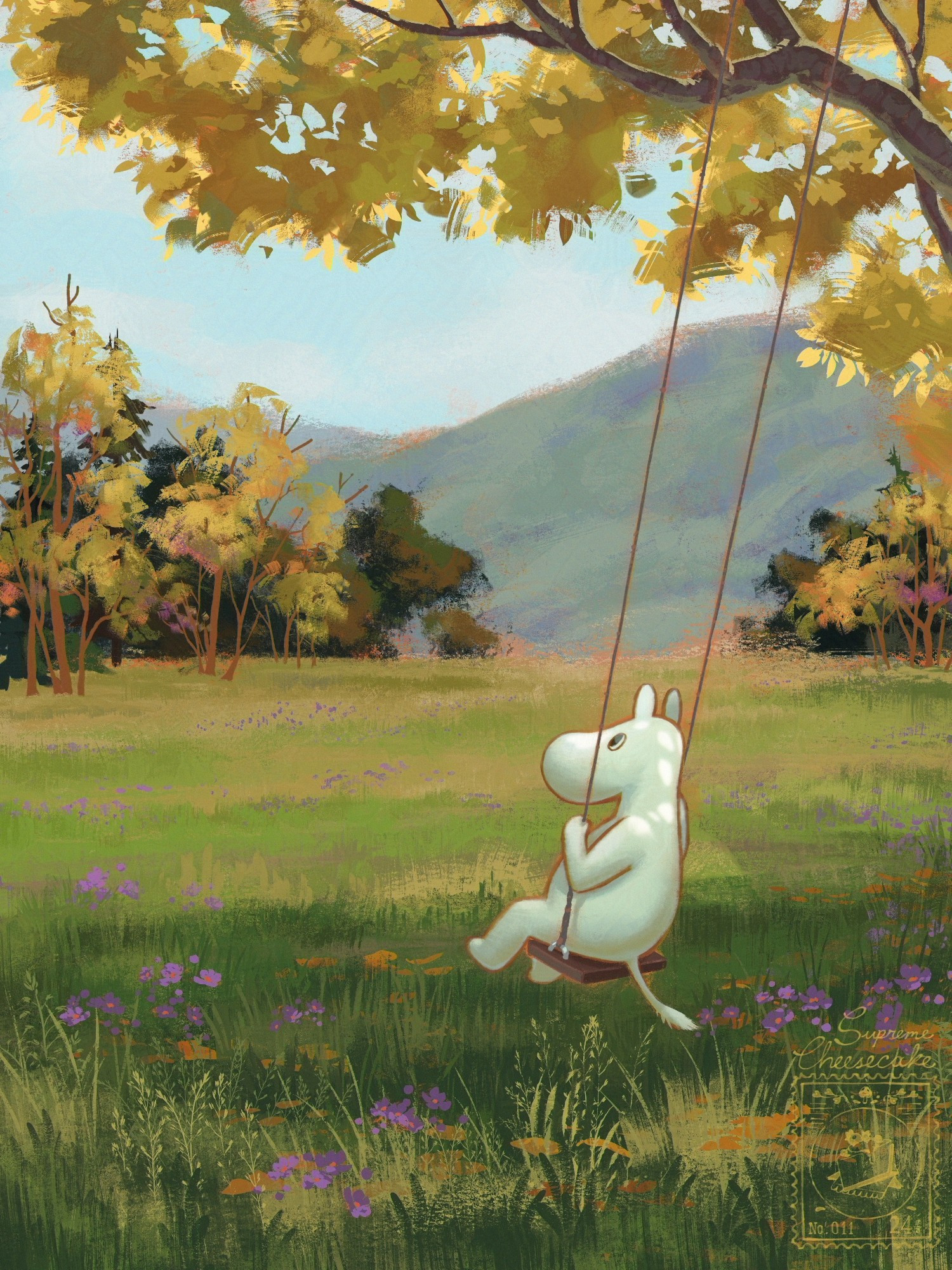 Moomin enjoying his time on a swing while watching leaves changing colors. Digital illustration made to resemble traditional gouache painting