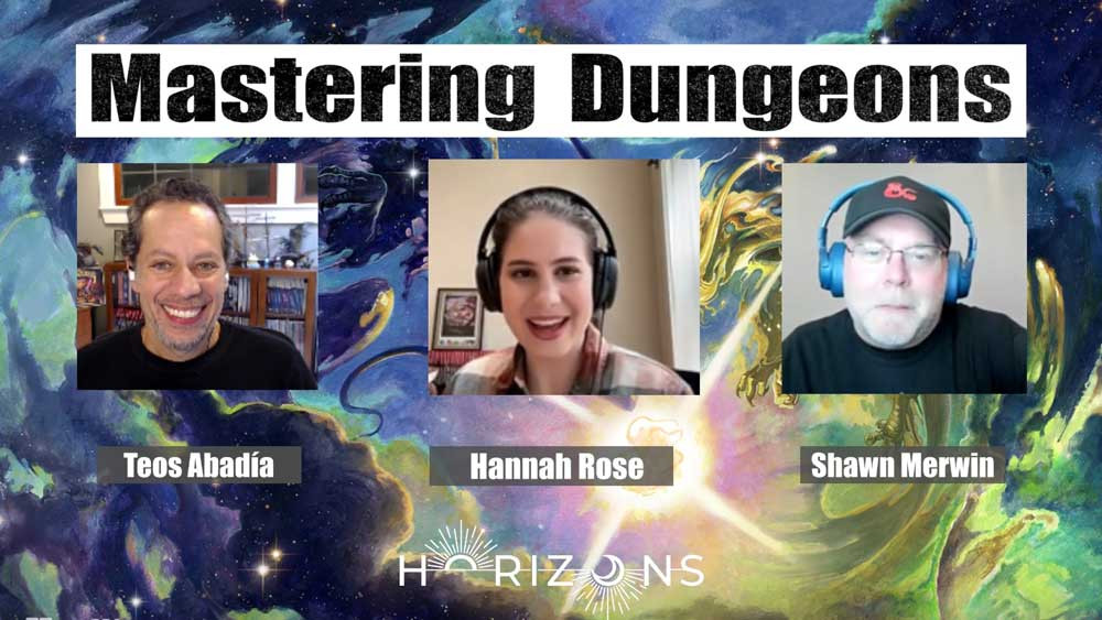 Hannah Rose discusses Horizons Magazine with Teos and Shawn. An image of stellar dragons in brilliant purples, golds, and blues is shown behind them.