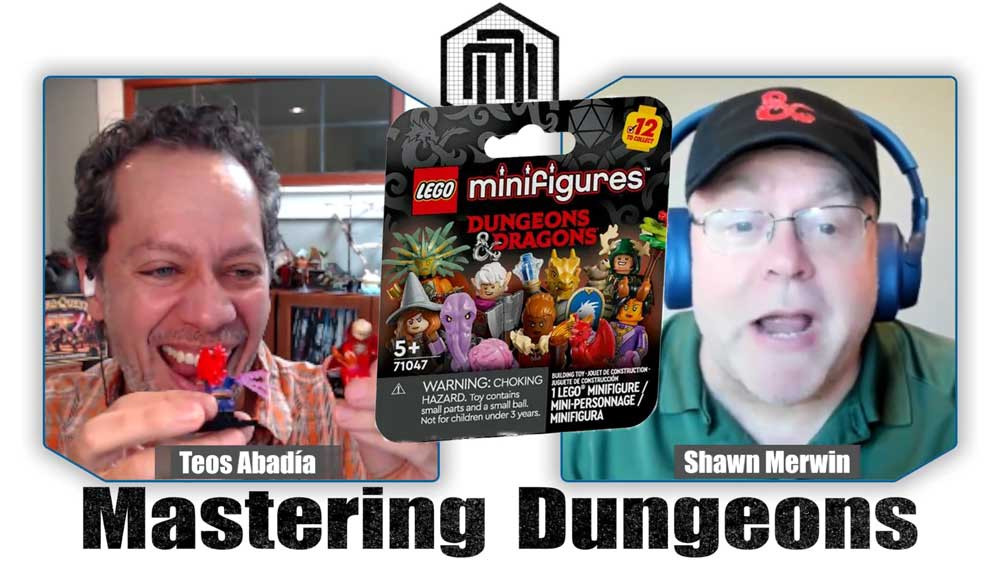 Teos plays with two LEGO figures, a warlock and a Thayan wizard, while Shawn shares the news. An image of a D&D Lego minifigure box is superimposed.