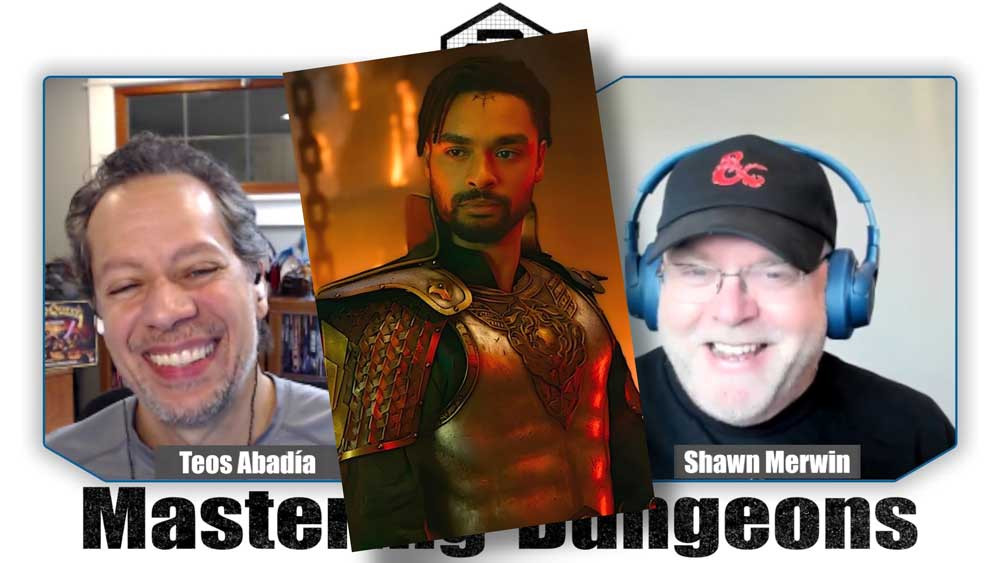 Shawn and Teos grin as they discuss the D&D Movie news. A picture of Regé-Jean Page in his paladin armor is superimposed between them. 