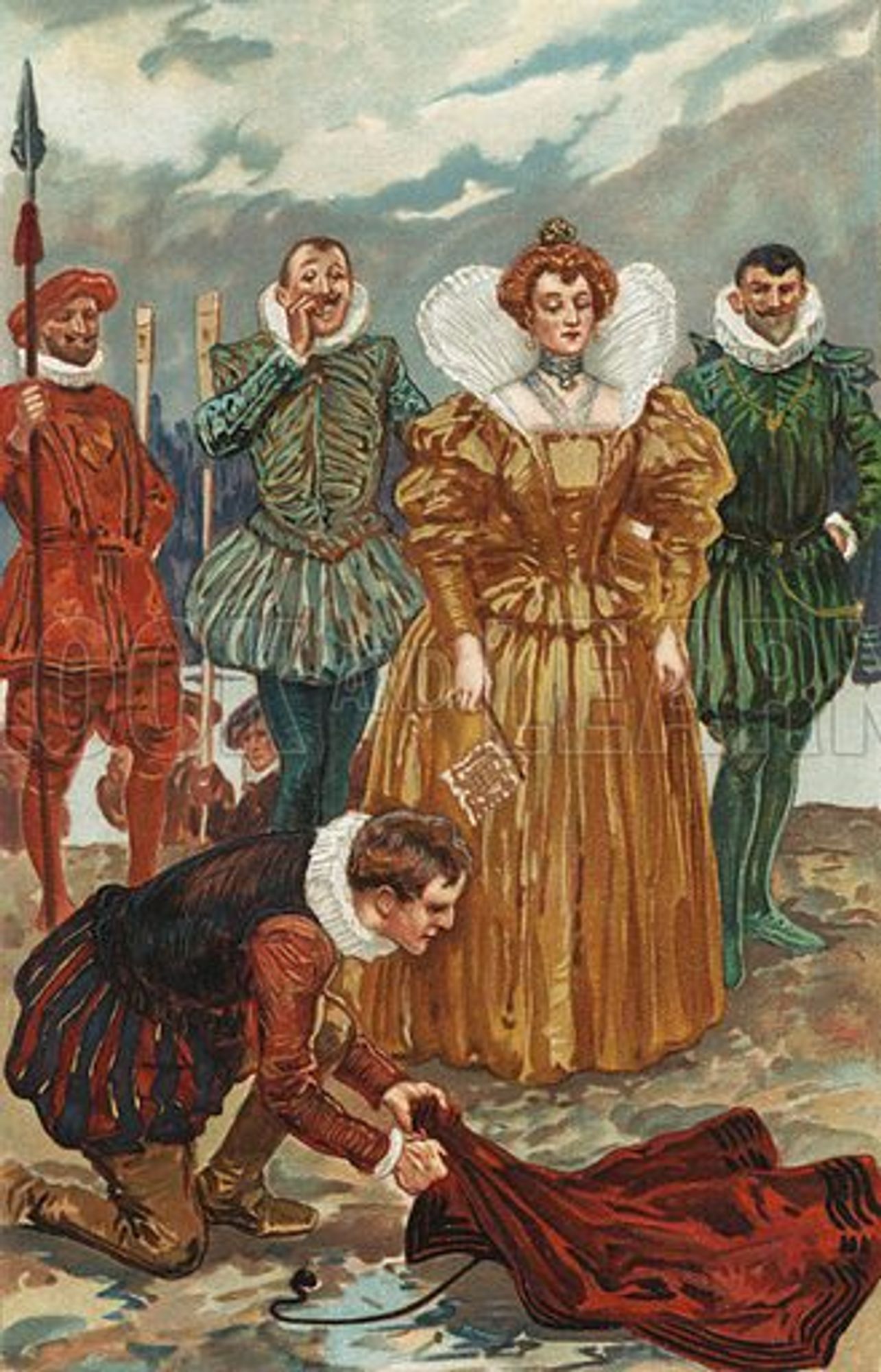 Sir Walter Raleigh spreading his cloak before Queen Elizabeth