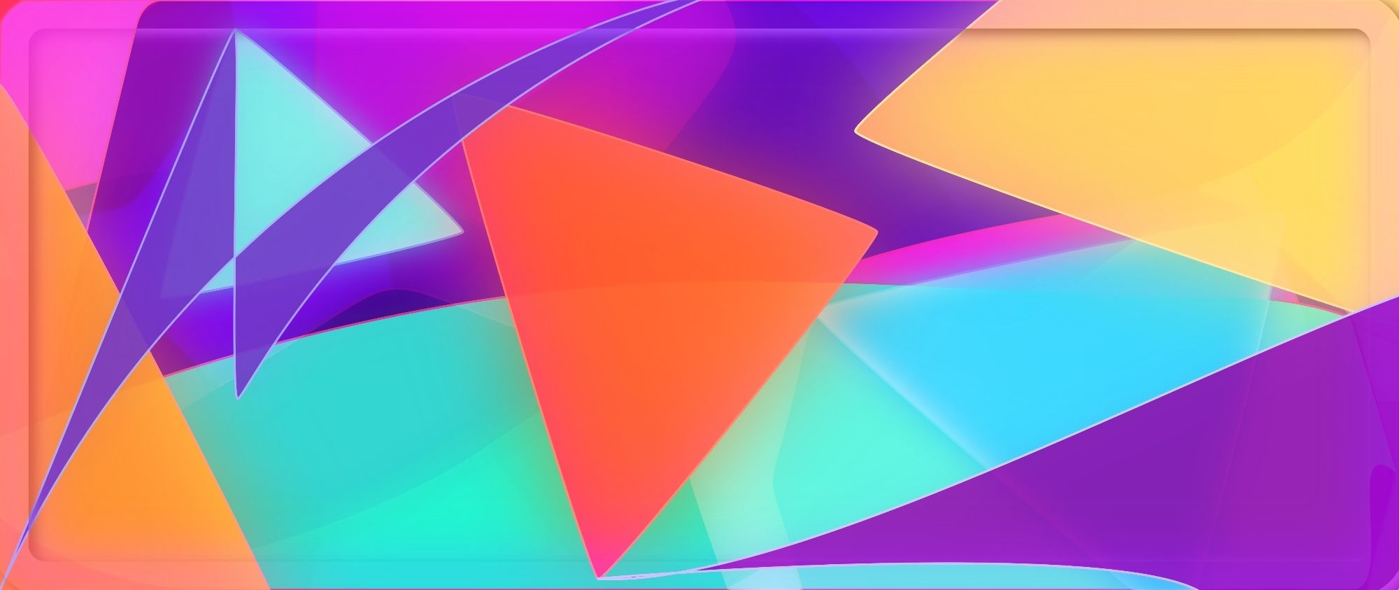 A flurry of bright colored orange, yellow, purple, and aqua triangles fly across the landscape