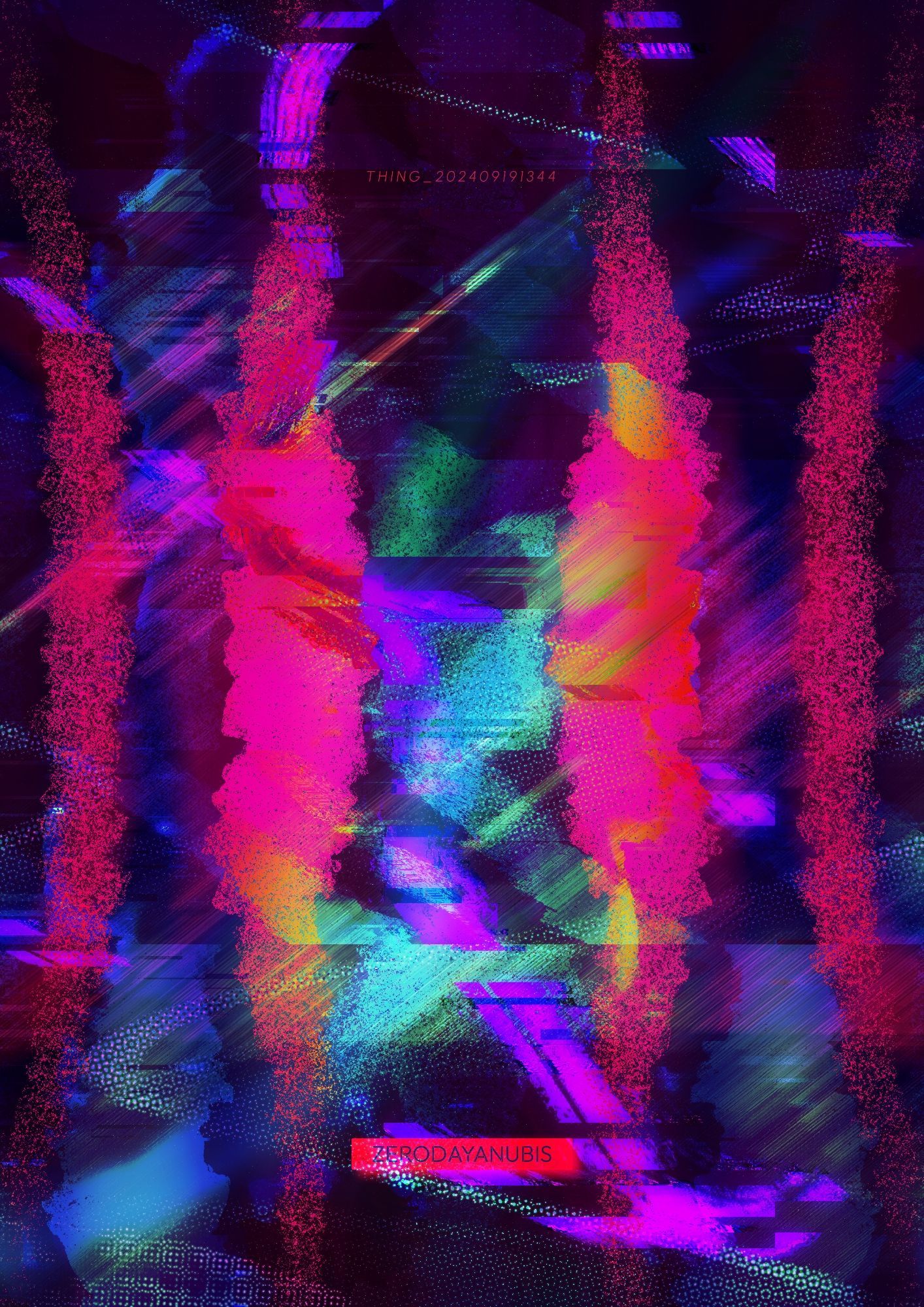 Two split chambers of pink over a backdrop of glitching and shearing colors of teal and purple