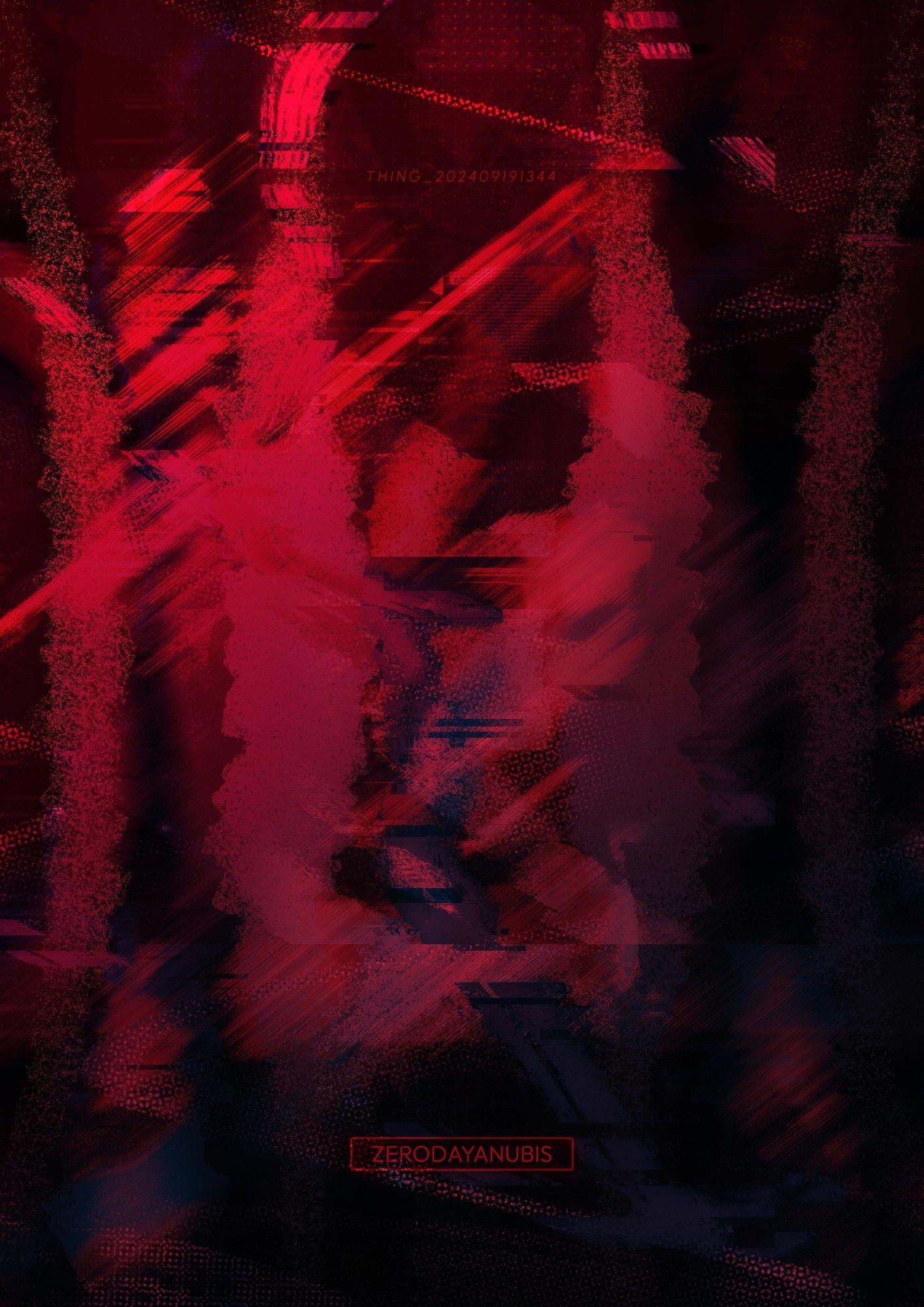 Two split chambers of red over a backdrop of glitching and shearing colors of dark red and purple