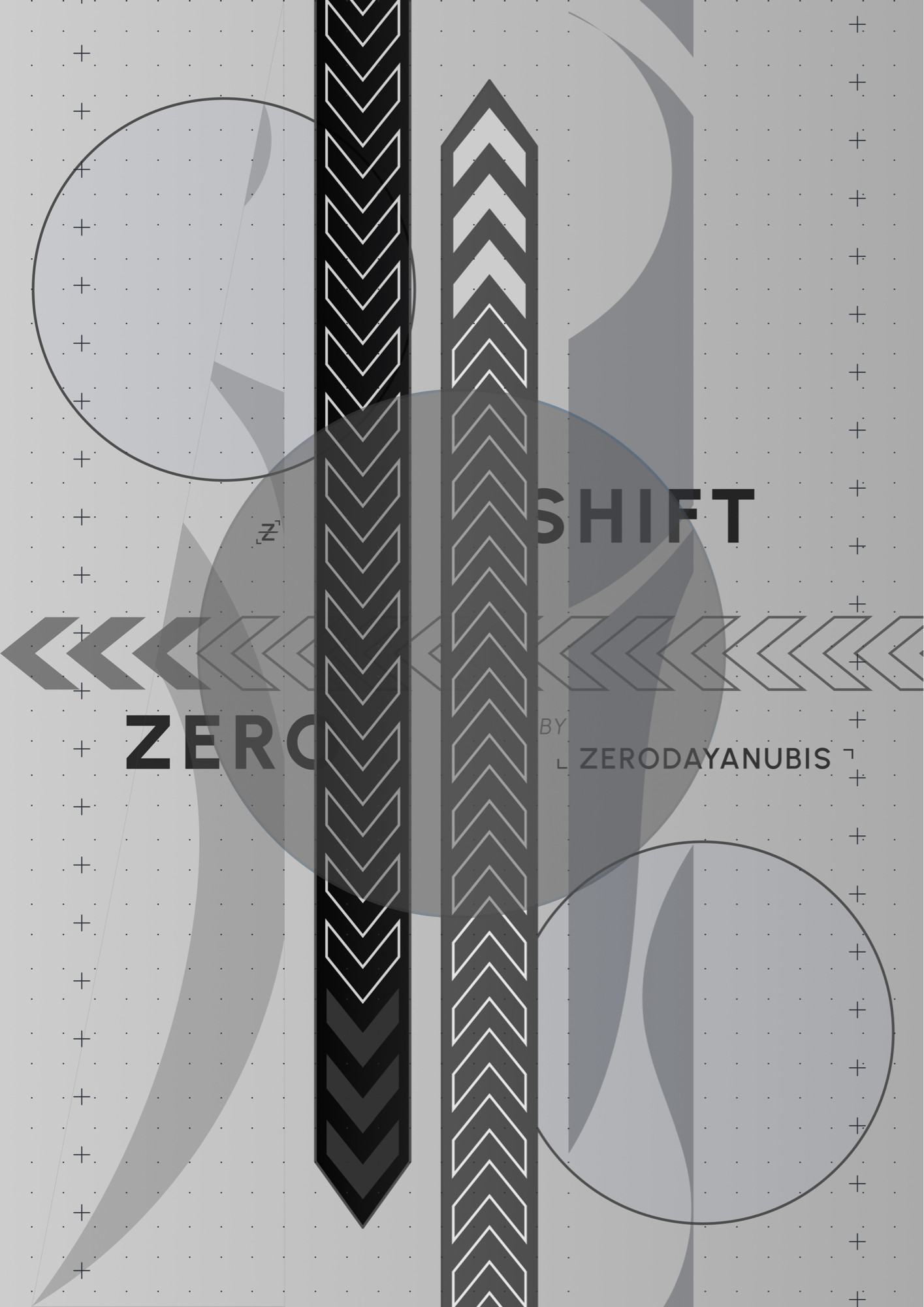 Strange graphic design of grays and blacks, with a dotted background, columns of pluses, with racing stripes in the middle and arrows from the side, over a big dark gray circle