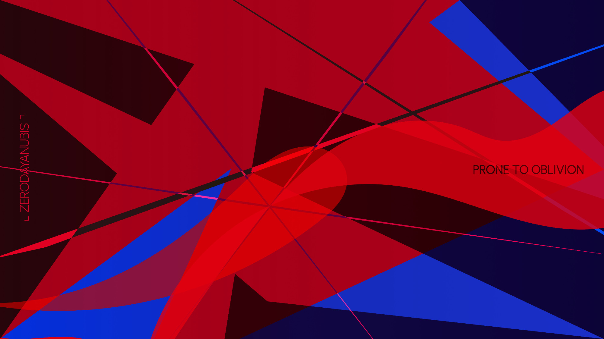 A wild clash of red and blue triangles and waves, with scattered lines slicing through them