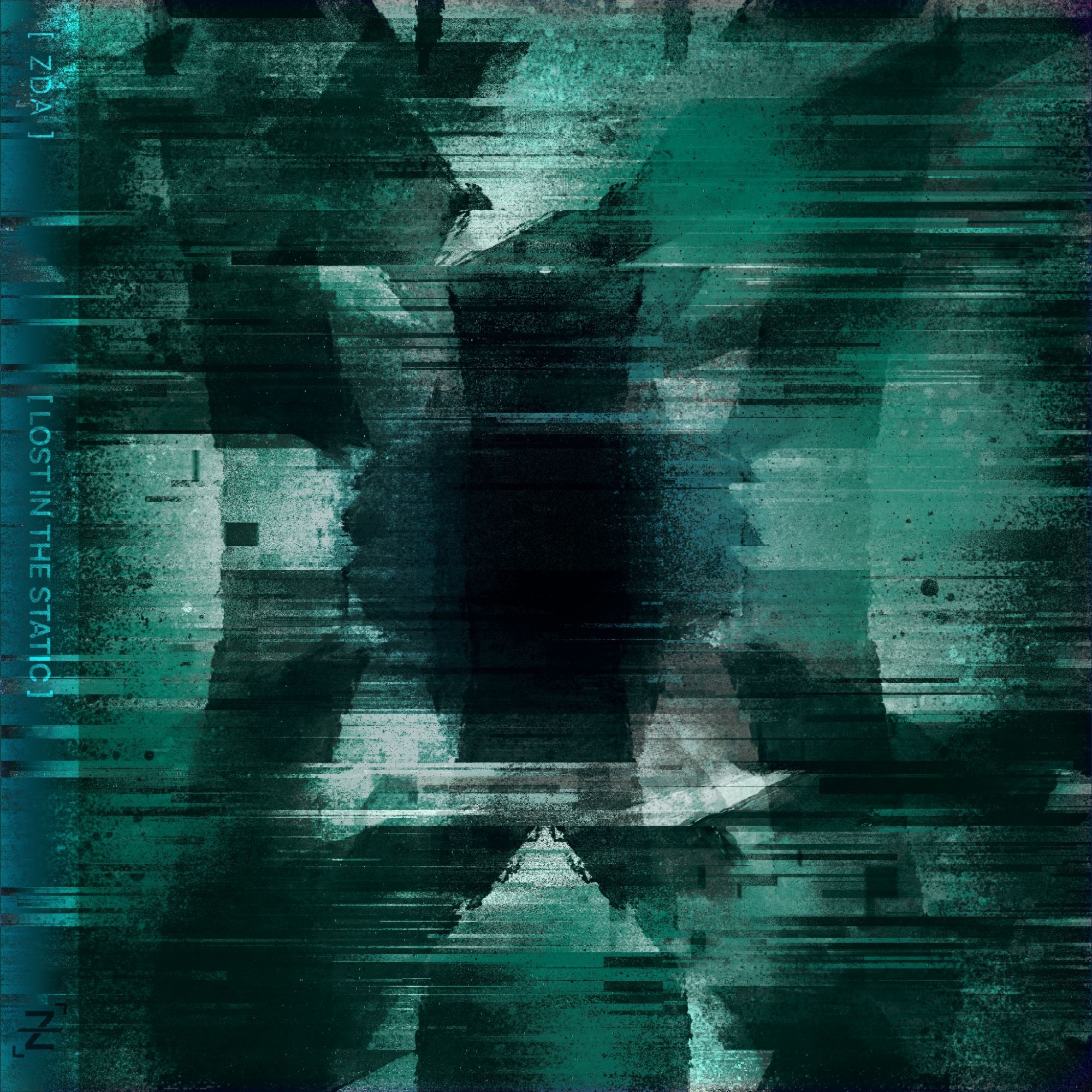 Wild glitching streaks scratch across a backdrop with ominous symmetric beams and dark structures in the middle, with wild splotches and patterns of teal and subtle blue