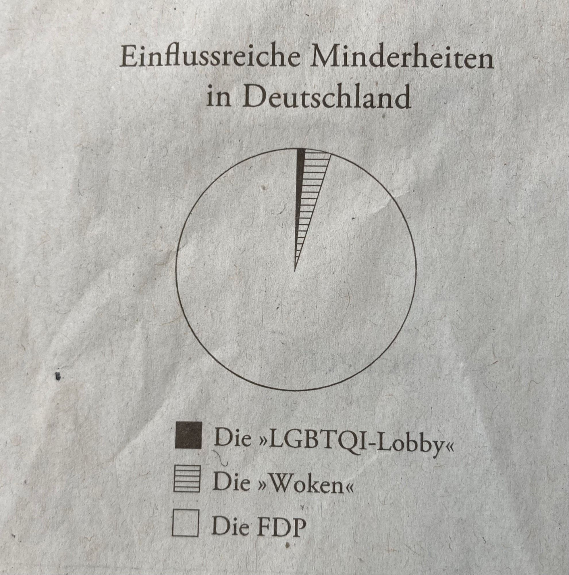 Kuchendiagramm: Einflussreiche Minderheiten in Deutschland
Die »LGBTQI-Lobby«
Die »Woken«
Die FDP (ca 95%)