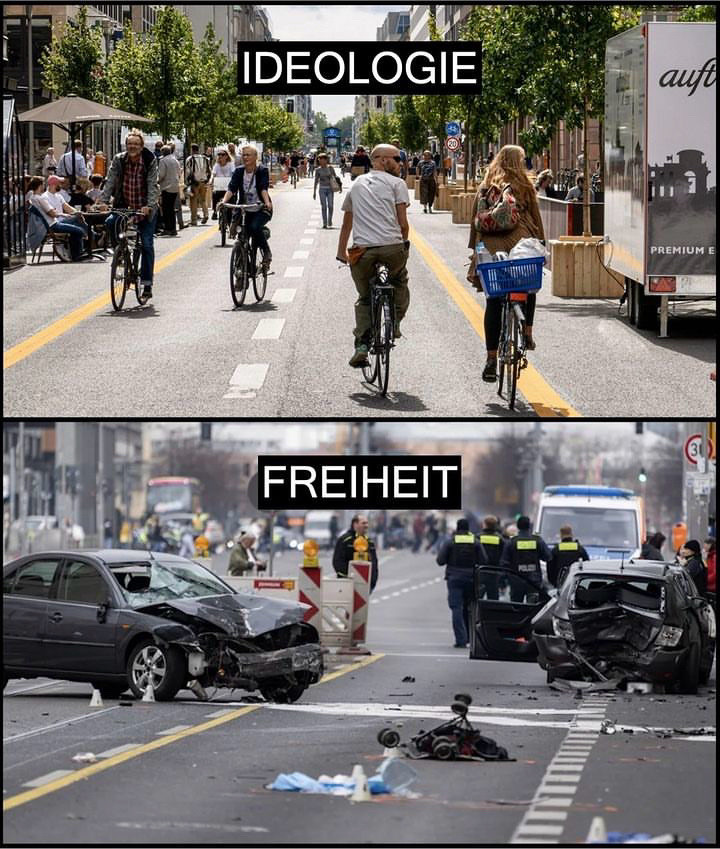 Oben: Verkehrsberuhigte Friedrichstraße in Berlin mit vielen Radler:innen „Ideologie“
Unten: Verkehrsunfall in Berlin „Freiheit“