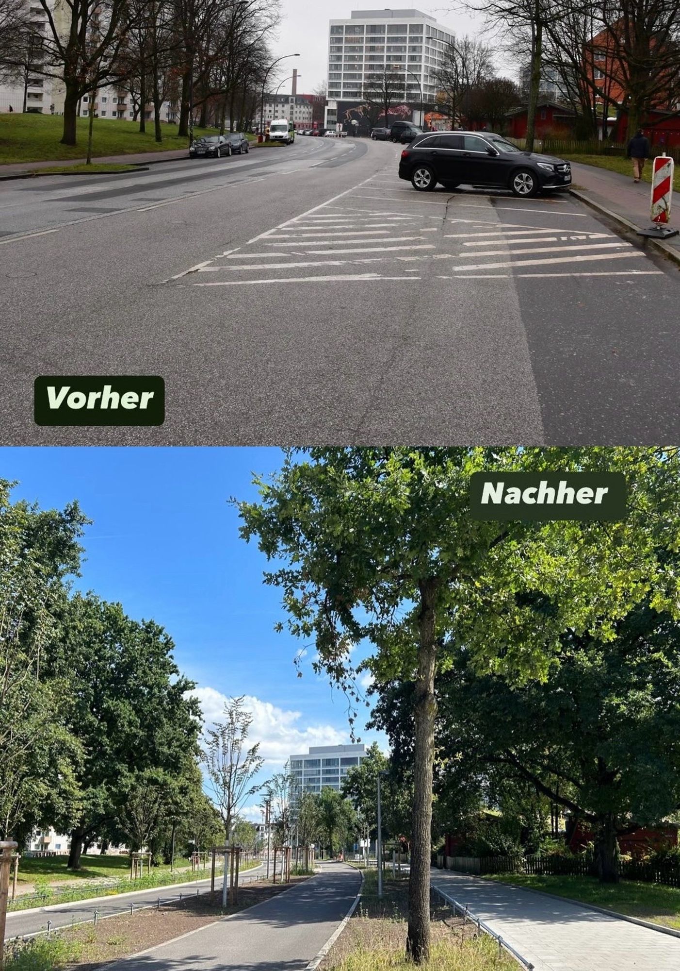 Vorher/Nachher-Bild
Oben: Viel Asphalt
Unten: gleicher Ort mit Bäumen Fuß- und Radwegen