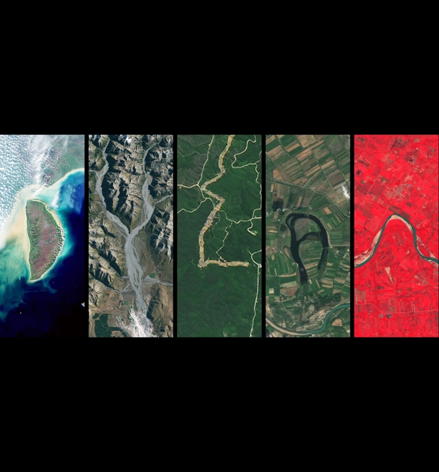 my name Dylan spelled out using various satellite images of mountains, rivers, and other scenes that resemble each letter