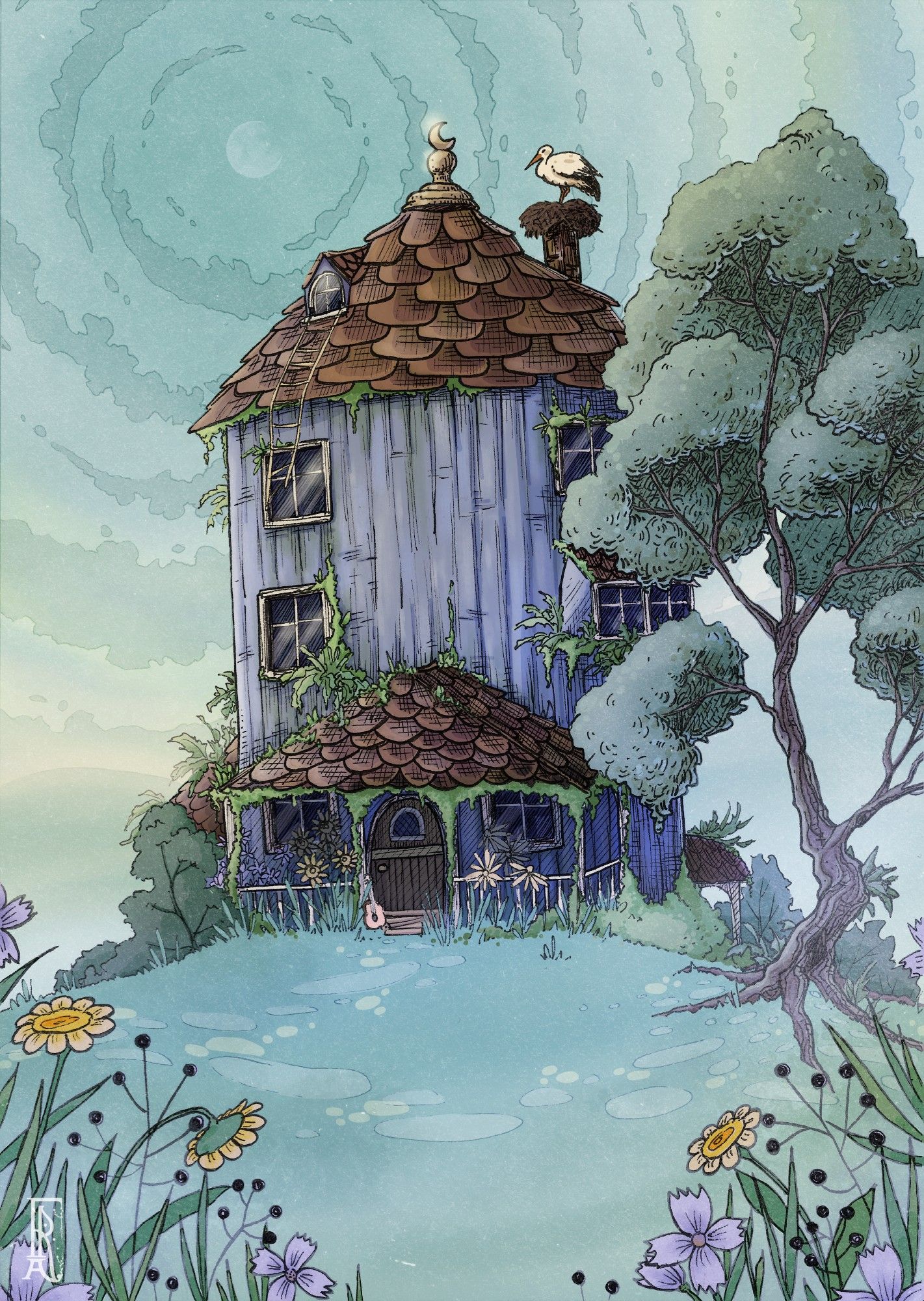 Troll Home, mixed media, Moomin fanart. An overgrown troll house on a cool spring morning.