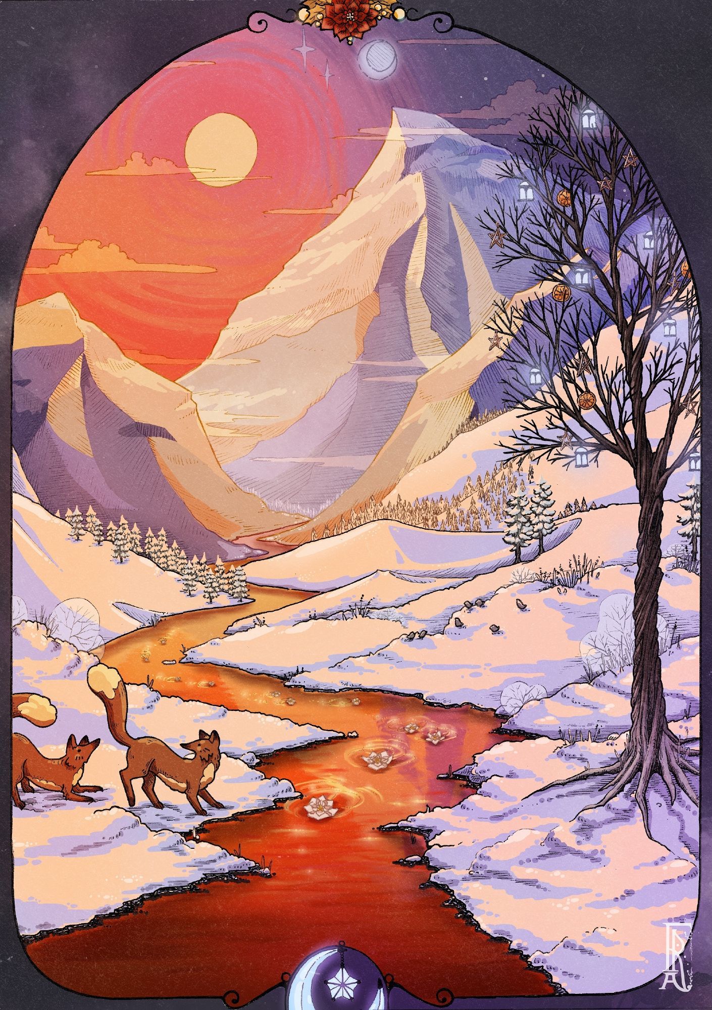 "Yule Foxes", mixed media. Two foxes playing in a snowy mountain landscape at sunset.