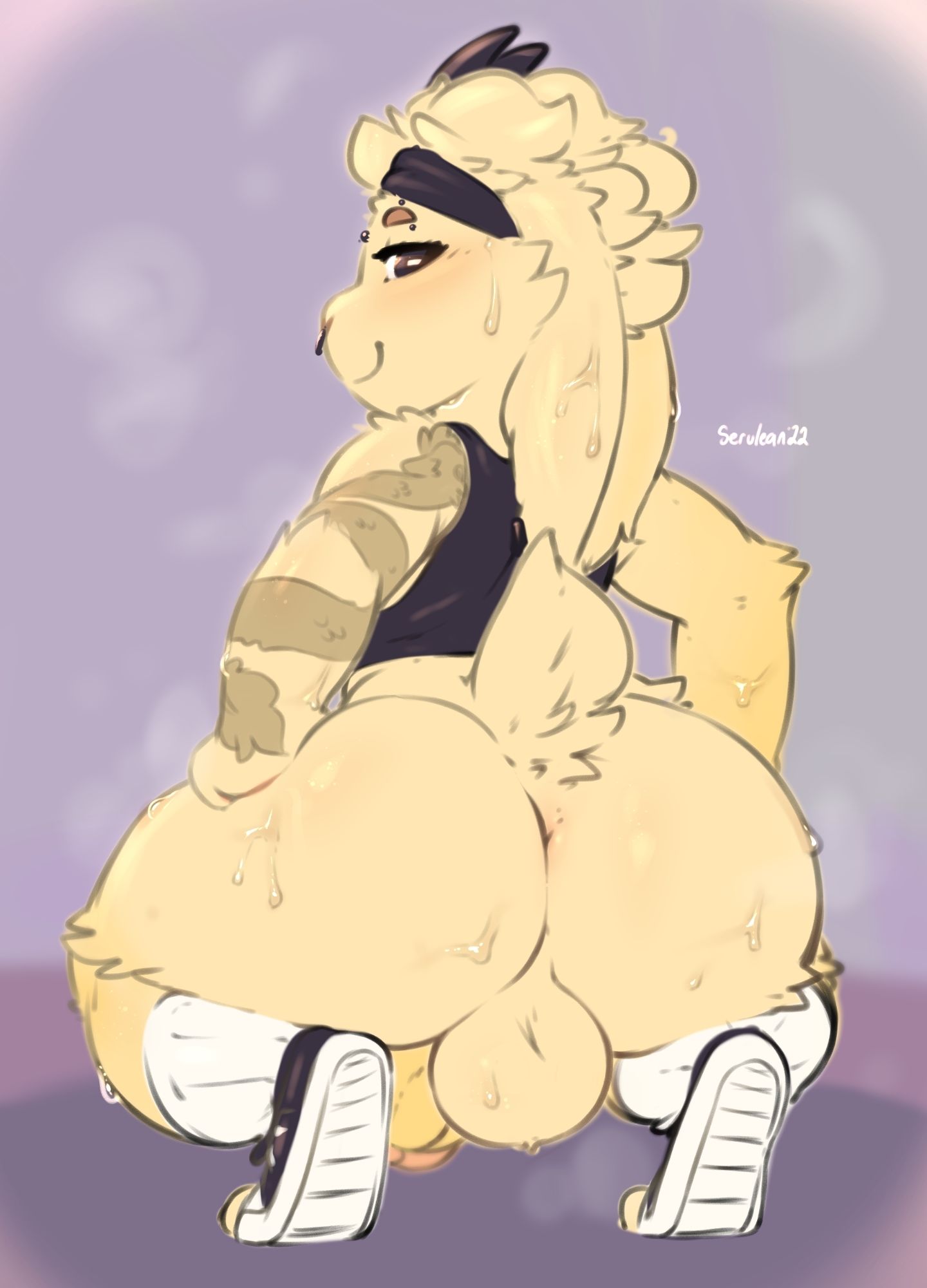 nsfw furry art commission of Lace, a bottomless anthro goat, facing away from the viewer, squatting down and presenting his naked ass and balls, glistening with sweat during a hard workout💦