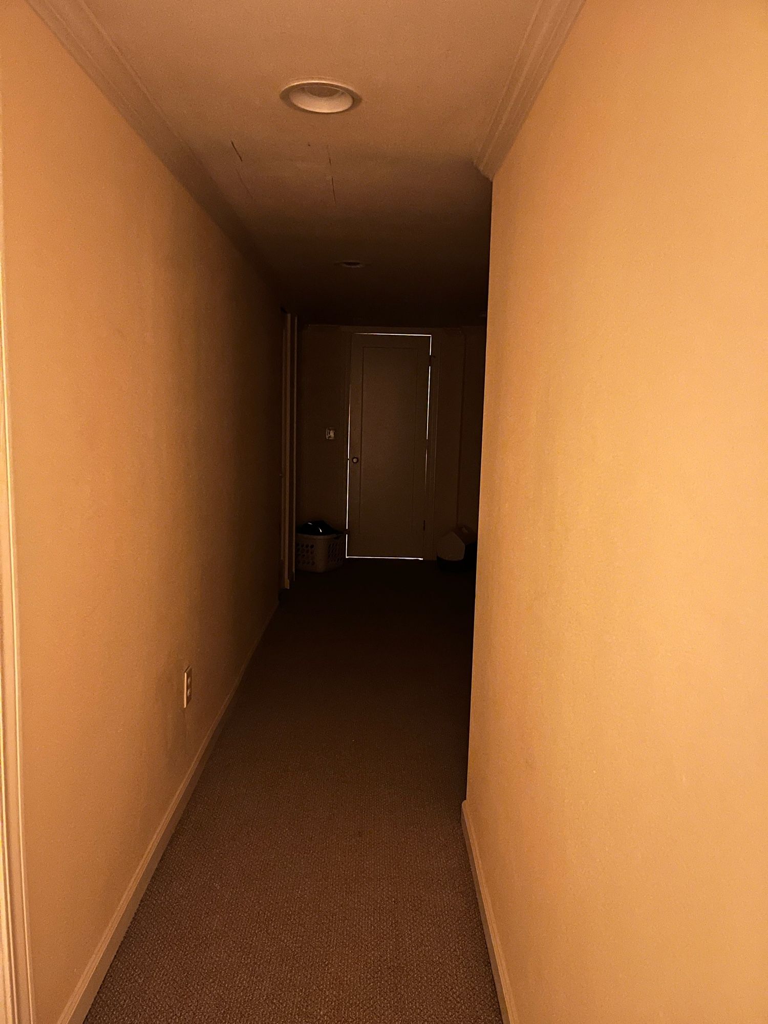 Door in a dark corridor with light leaking around the edges.