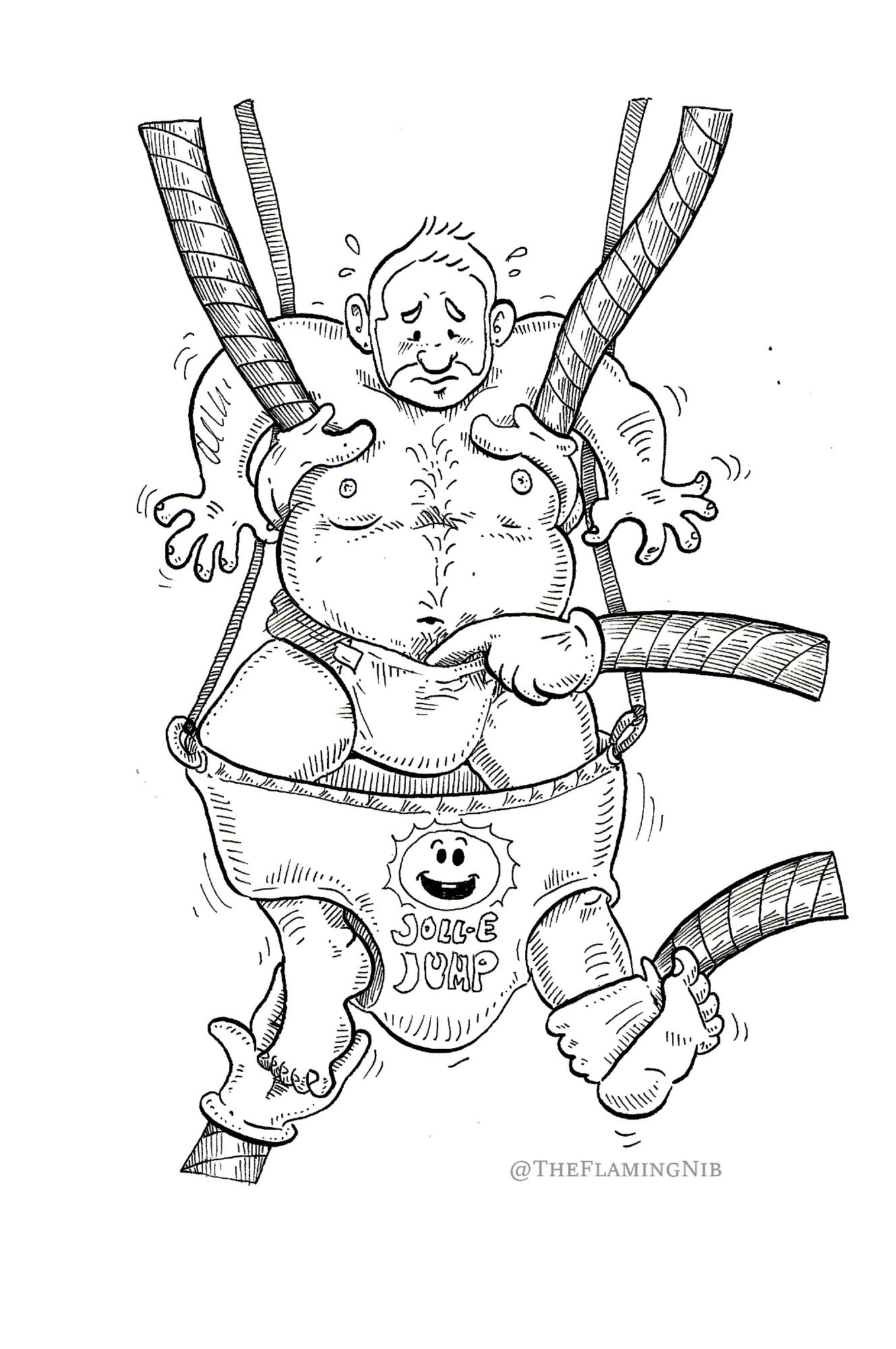 A bear-ish man is thrust into a Joll-e-jumper and diaper checked by a fleet of mechanical hands.