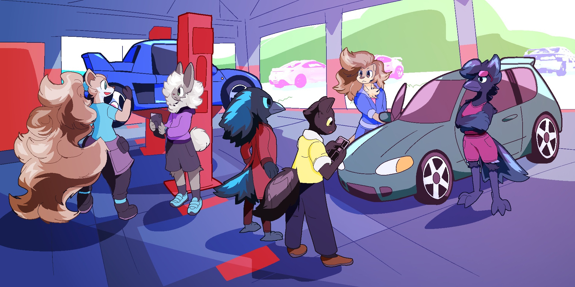 A tuning garage with six employees and two cars.

(Left to Right)
An arctic fox working on the rear tire of a blue Tommy Kaira ZZ, while a white snow rabbit stares, holding a computer tablet.

A raven stands tall next to a black cat, pointing out statistics on his computer tablet.

An otter exits his green Honda Civic next to another raven.

The sun shines brightly through the windows and doors, with the parking lot, trees, and the ocean view outside.