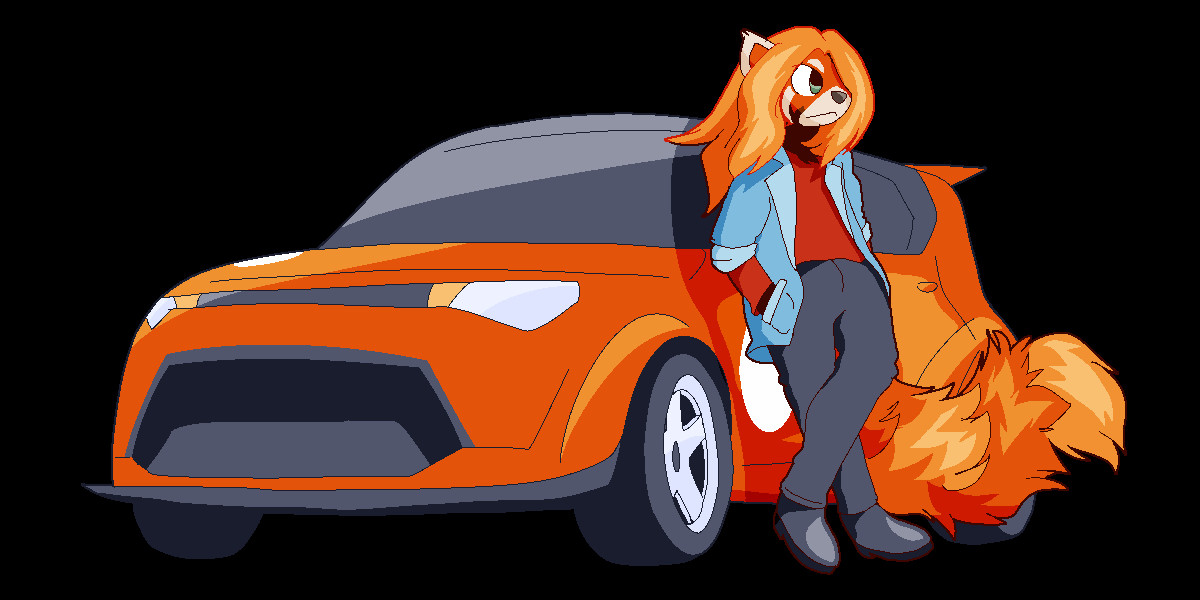 Red panda named Phobos, leaning on his car, a boxy, orange Kia Soul with racing modifications.