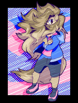 Cas, a smooth-coated otter standing in a multicolored pink/blue background with strong winds blowing from behind, throwing his hair in his face. This is good weather for him.