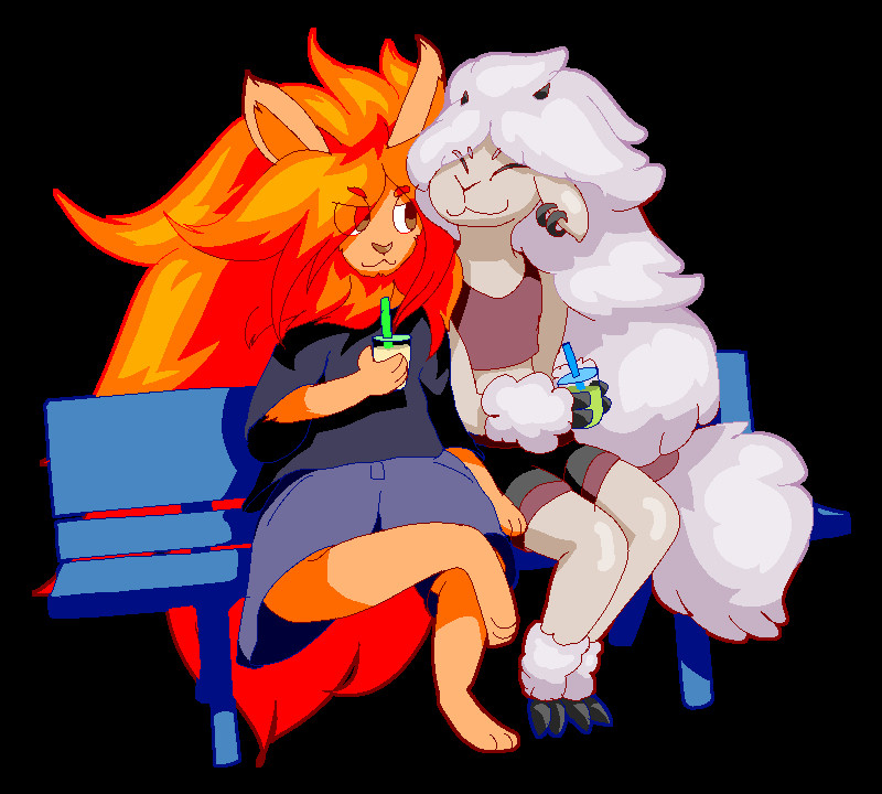 Gale (orange maned lionhead bunny) sitting on a bench alongside QD (hella cute sheep) having some bubble tea!