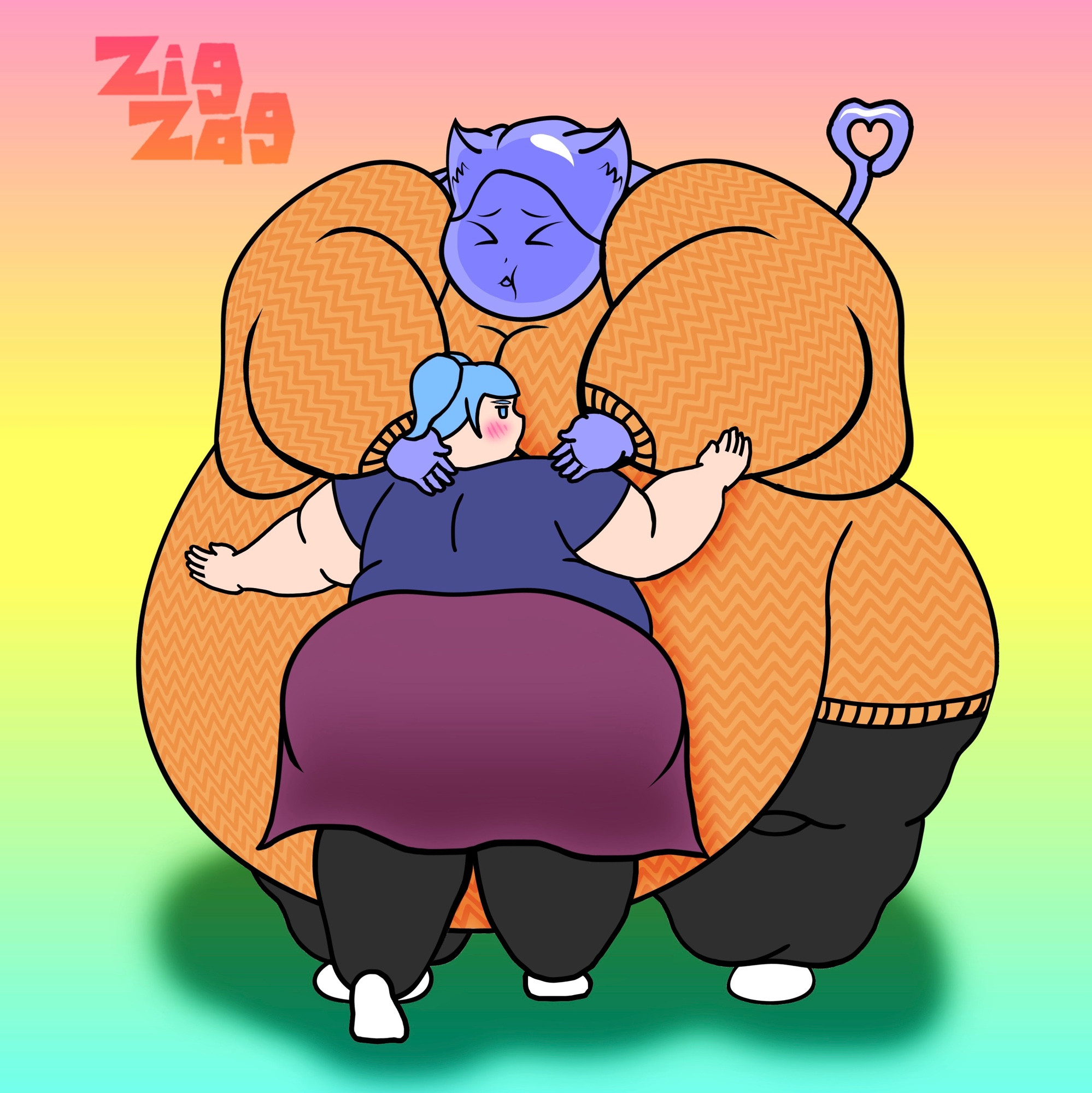 Yadira (slime cat) and Lucy B. (blue pigtails)