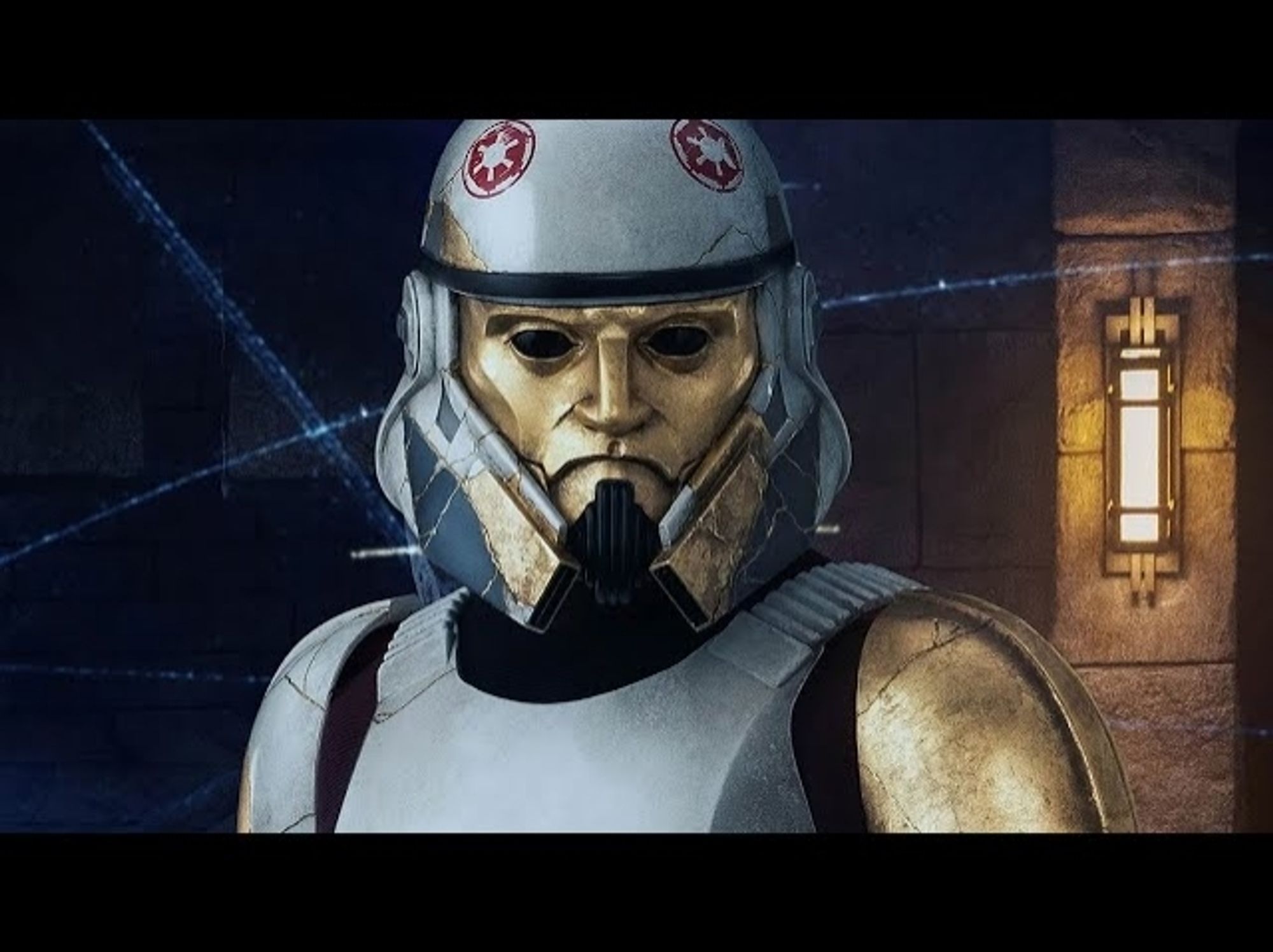 A picture of the lead stormtrooper of Grand admiral thrawns Star destroyer, his face and shoulder armor replaced with a gold material. The faceplate has also been made to look like a human face