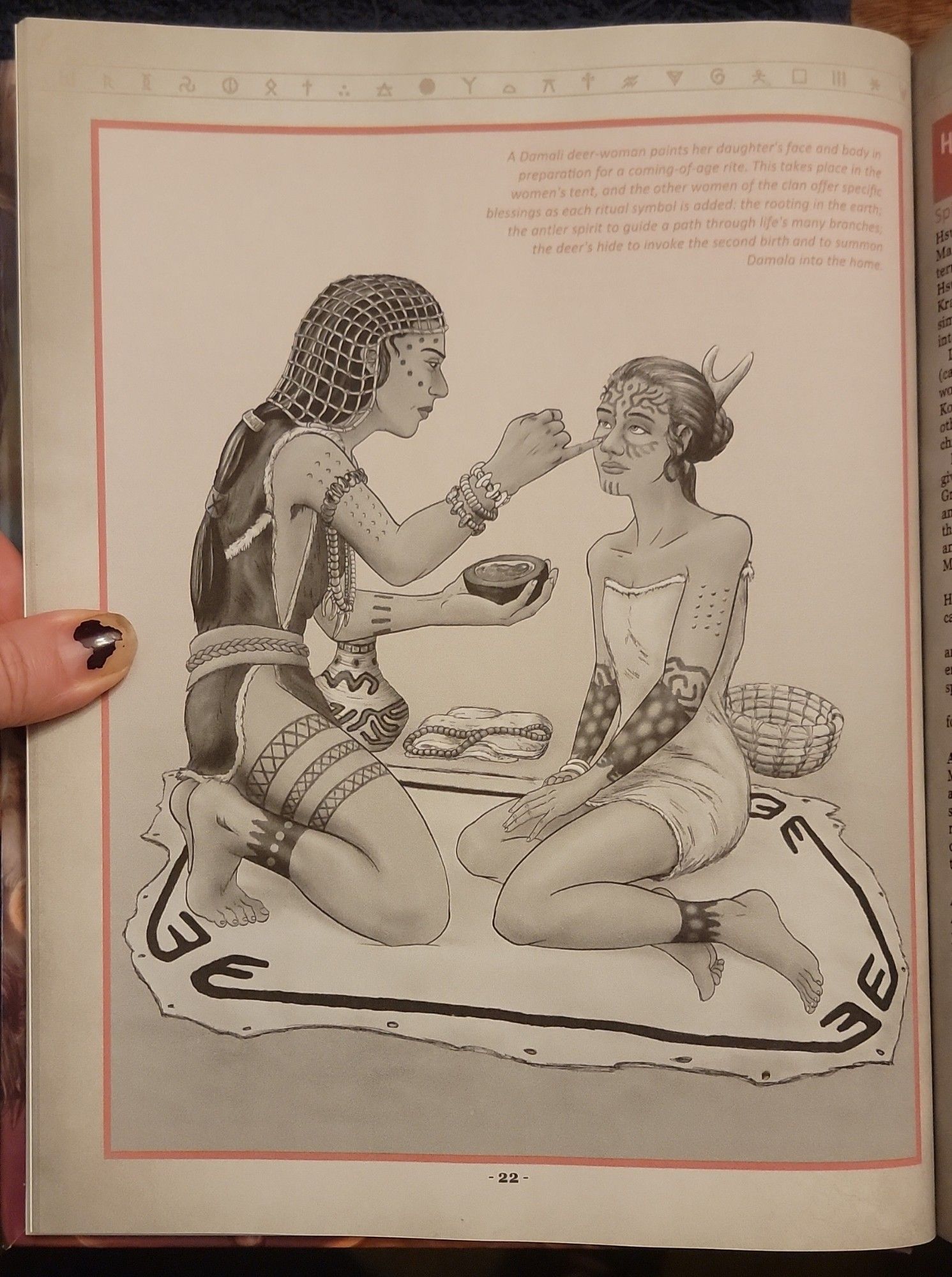 A picture of a mother applying some kind of paint to the face of a daughter and she prepares for a ritual